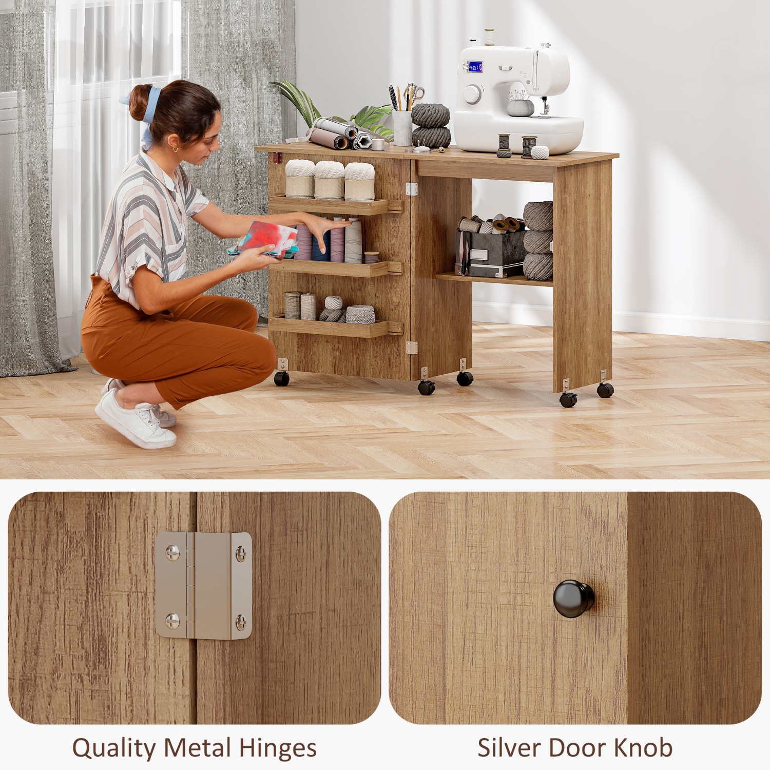 HOMCOM – Table à coudre pliante, armoire à coudre sur roulettes, table d'artisanat multiusage avec tablette de rangement, bacs et roulettes
