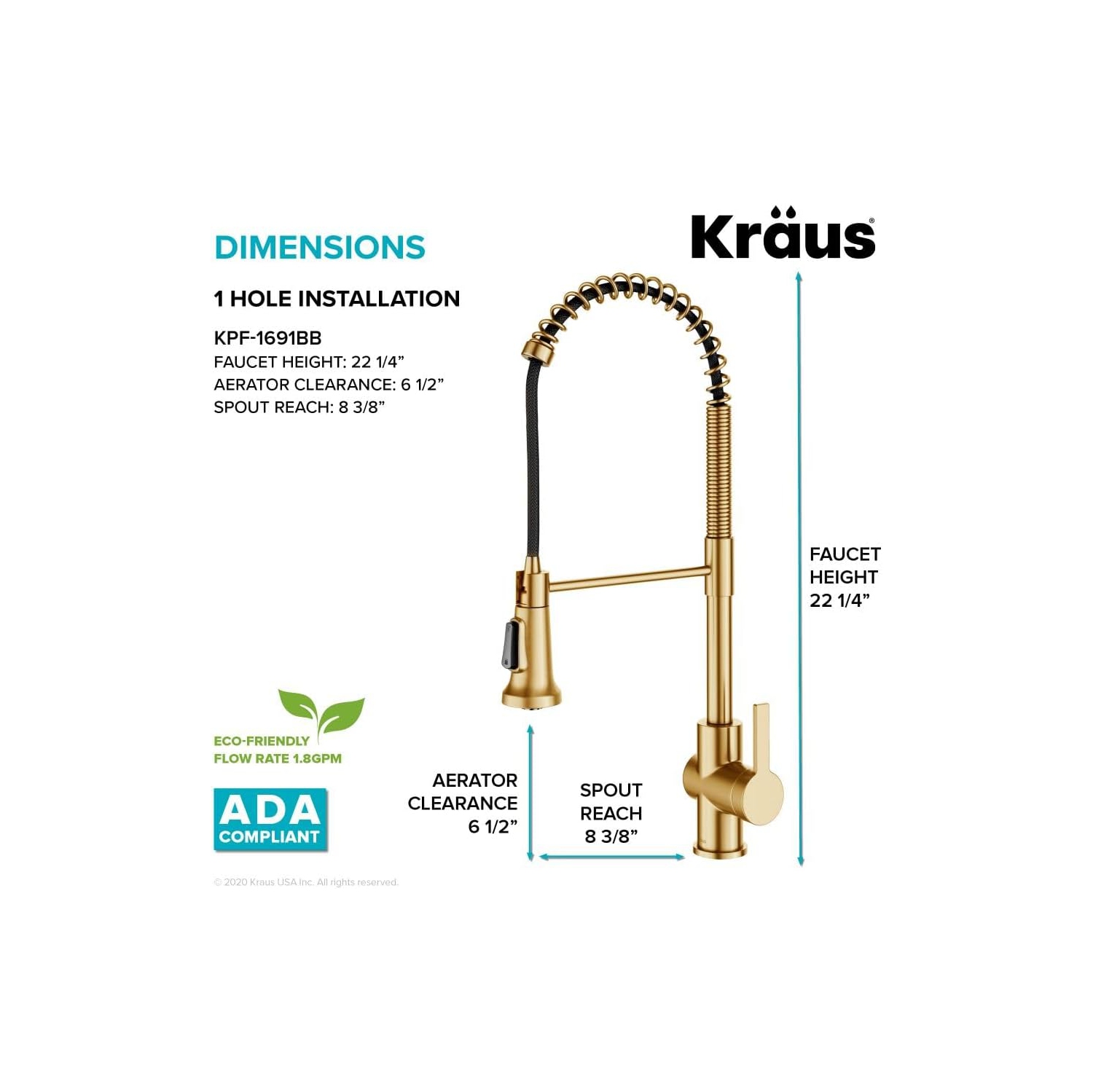 KRAUS Britt 2nd Gen Commercial Style Pull-Down Single Handle Kitchen Faucet in Brushed Brass, KPF-1691BB