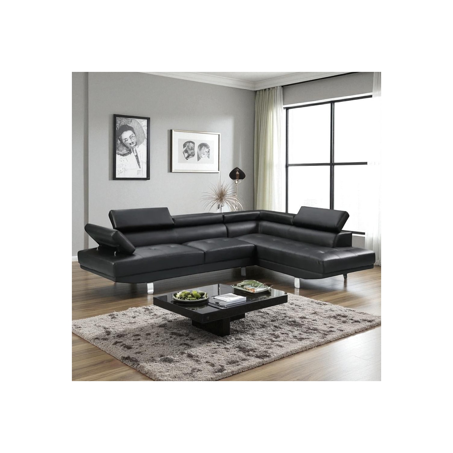 Canapé modulaire 3 places Grayson en cuir avec fauteuil orienté à droite de Cosmic Homes – Noir