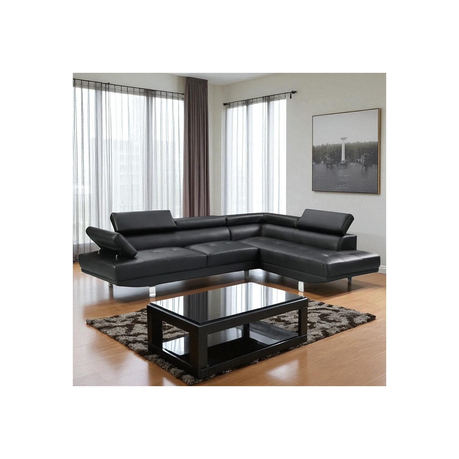 Canapé modulaire 3 places Grayson en cuir avec fauteuil orienté à droite de Cosmic Homes – Noir