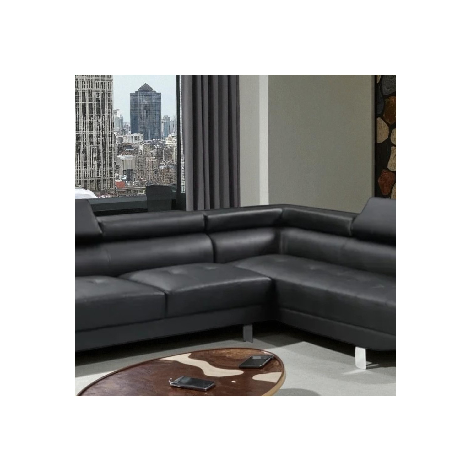 Canapé modulaire 3 places Grayson en cuir avec fauteuil orienté à droite de Cosmic Homes – Noir