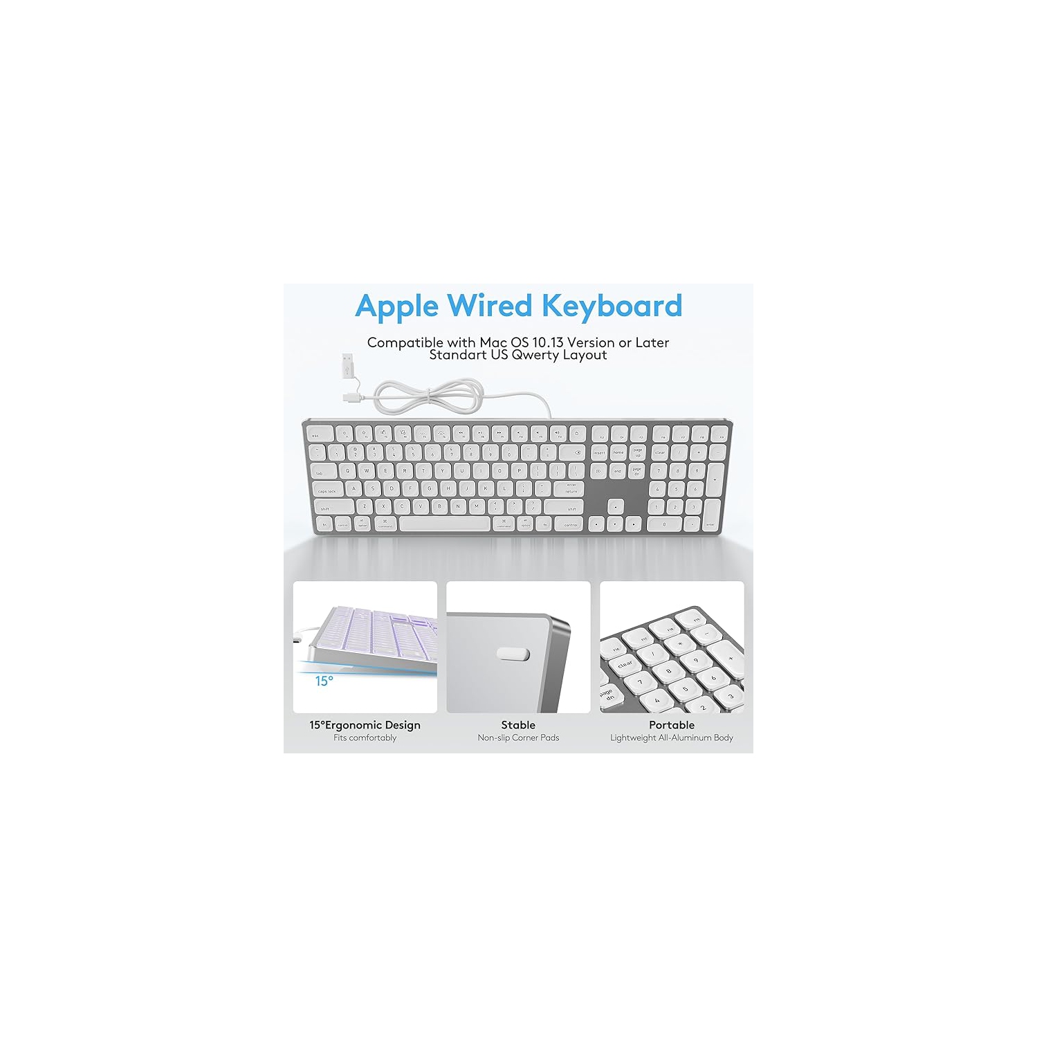 Yivandi Wired Backlit Keyboard for Mac OS -Plug and Play, All-Aluminum USB Keyboard with Numeric Keypad for iMac/Mac Mini or MacBook(Keyboard Riser
