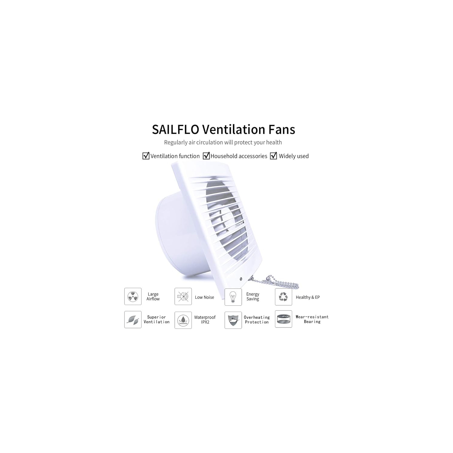 SAILFLO 4 Inch Wall-Mounted Exhaust Fan, 12W 130m³/h Ventilation Extractor with Anti-backflow Check Valve Chain Switch for Window Duct Glass Grow