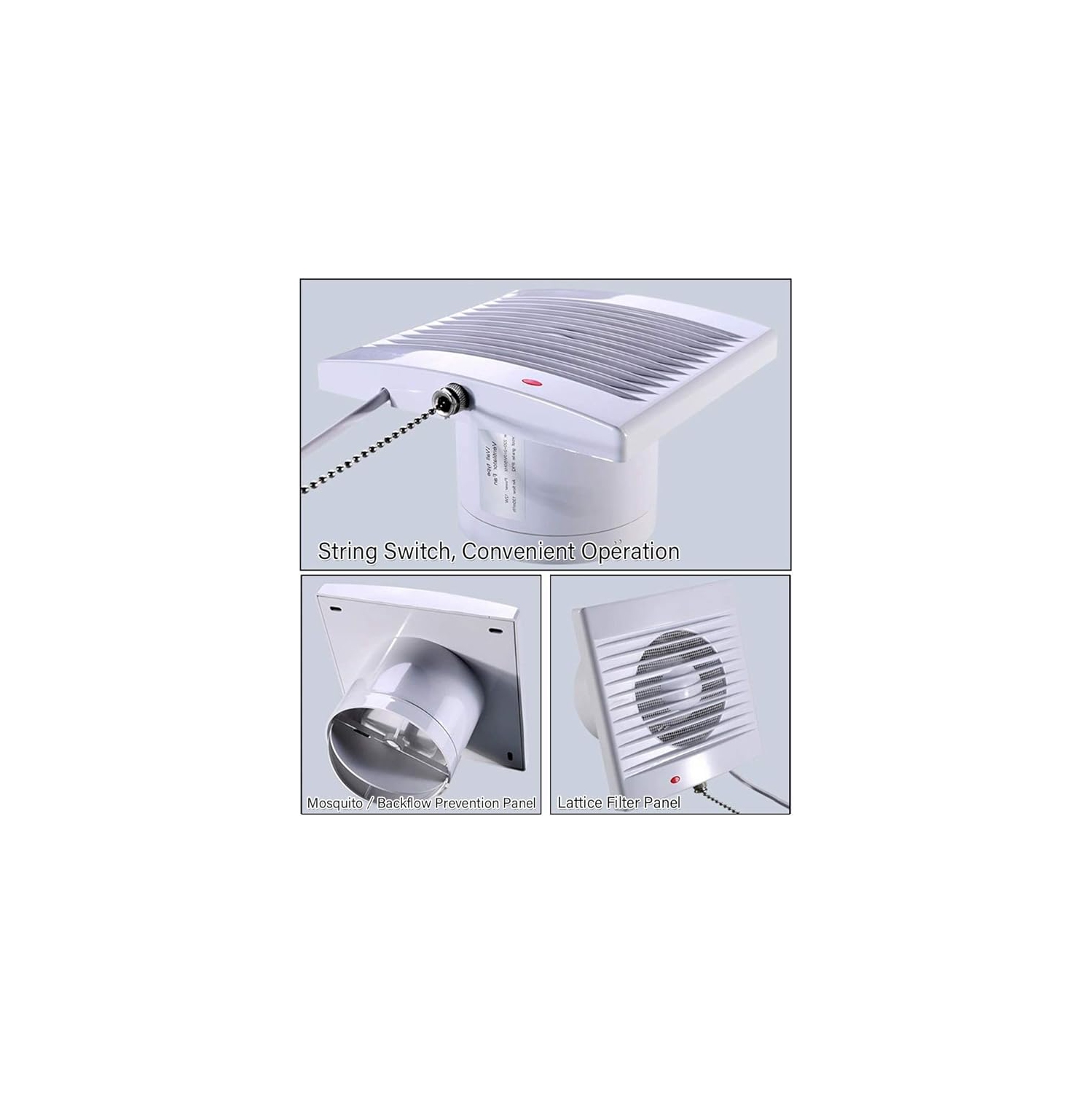 SAILFLO 4 Inch Wall-Mounted Exhaust Fan, 12W 130m³/h Ventilation Extractor with Anti-backflow Check Valve Chain Switch for Window Duct Glass Grow