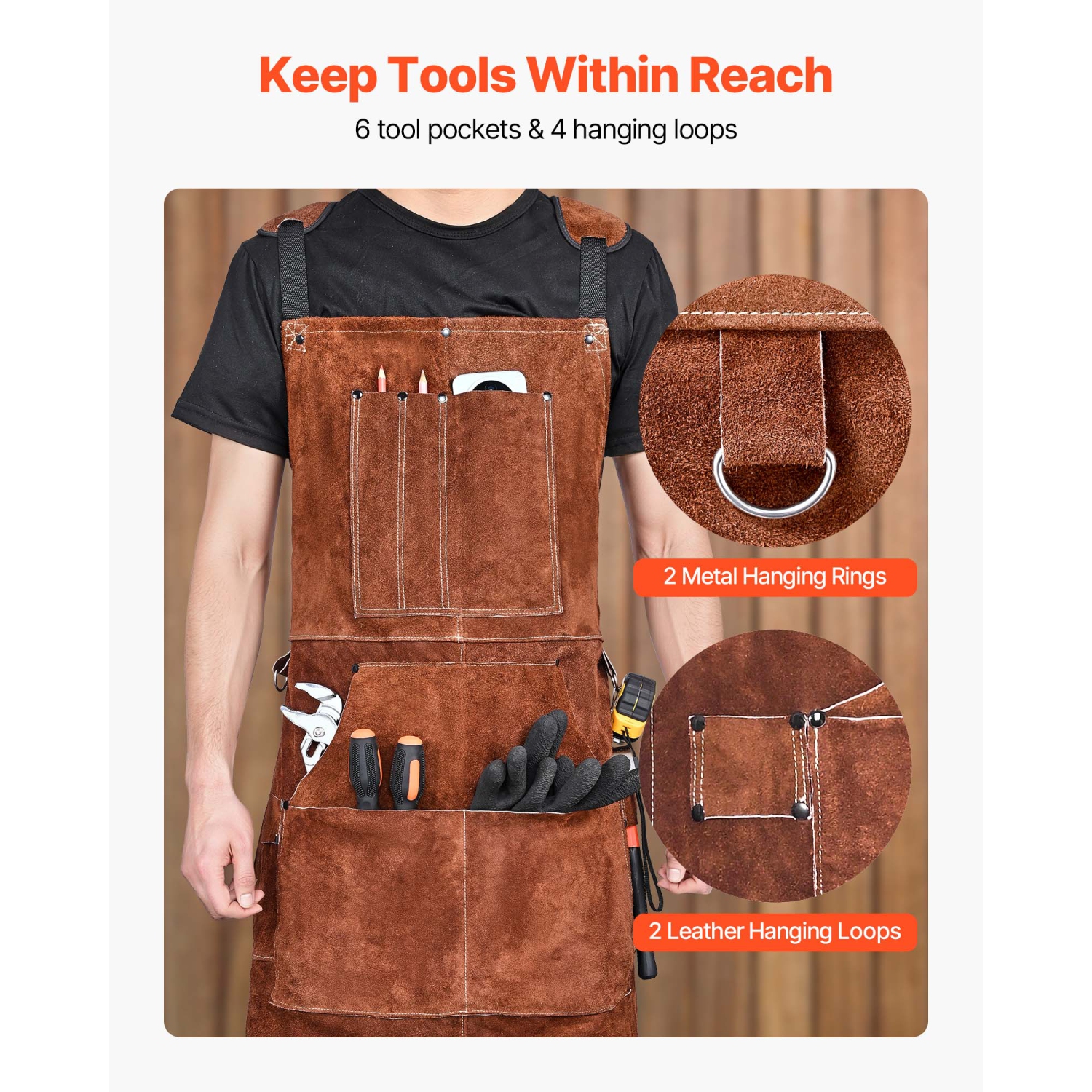 VEVOR Leather Welding Work Apron, Heavy Duty Cowhide Flame Resistant Welding Apron, Heat-Resistant Blacksmith Welder Aprons with 6 Tool Pockets for