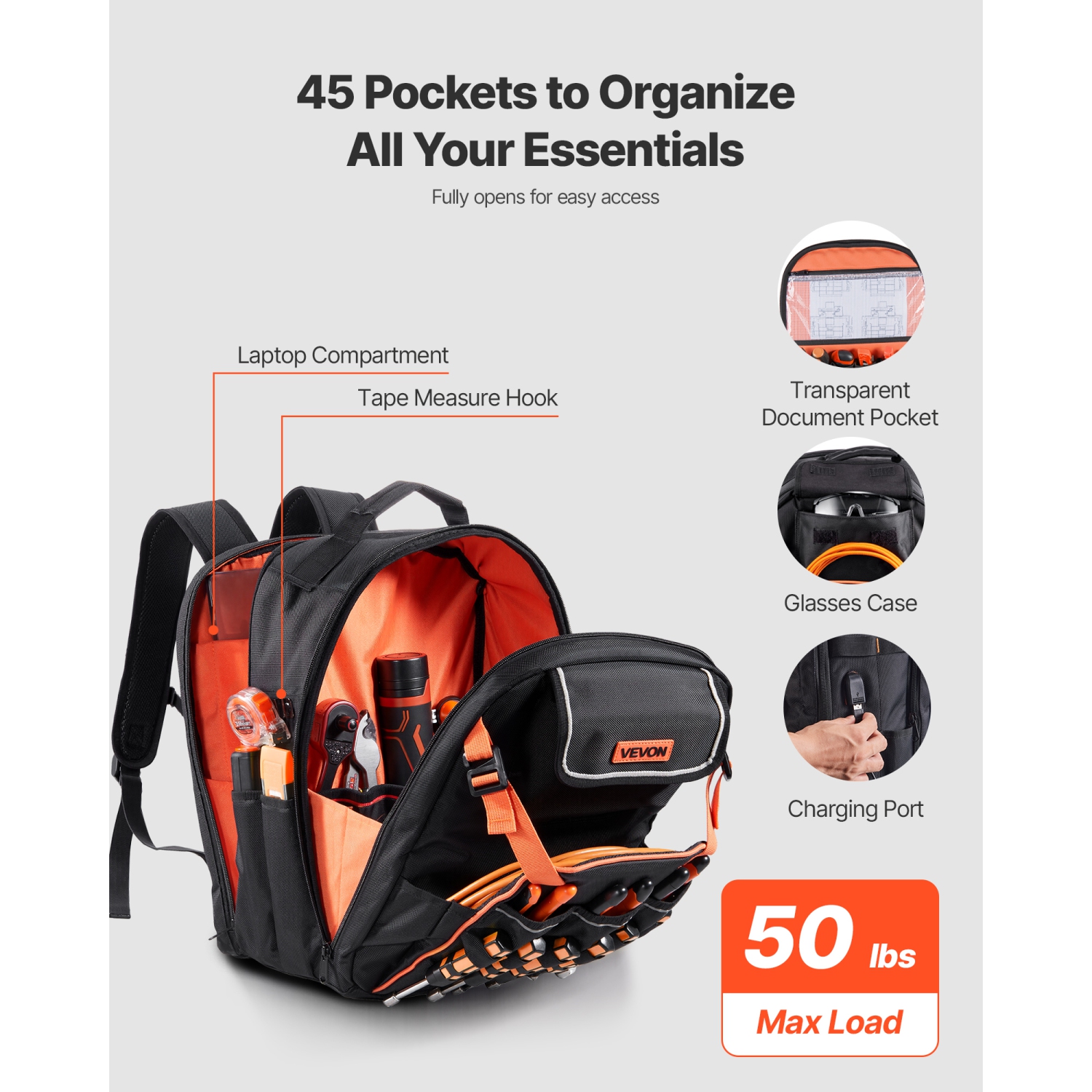VEVOR 45 Pockets Tool Backpack, Heavy-duty Tools Storage Organizer Work Bags with Laptop Compartment & Reinforced Fabric Basee, Electrician Jobsite