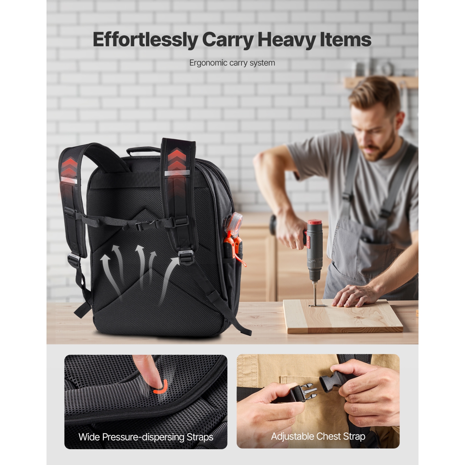 VEVOR 45 Pockets Tool Backpack, Heavy-duty Tools Storage Organizer Work Bags with Laptop Compartment & Reinforced Fabric Basee, Electrician Jobsite