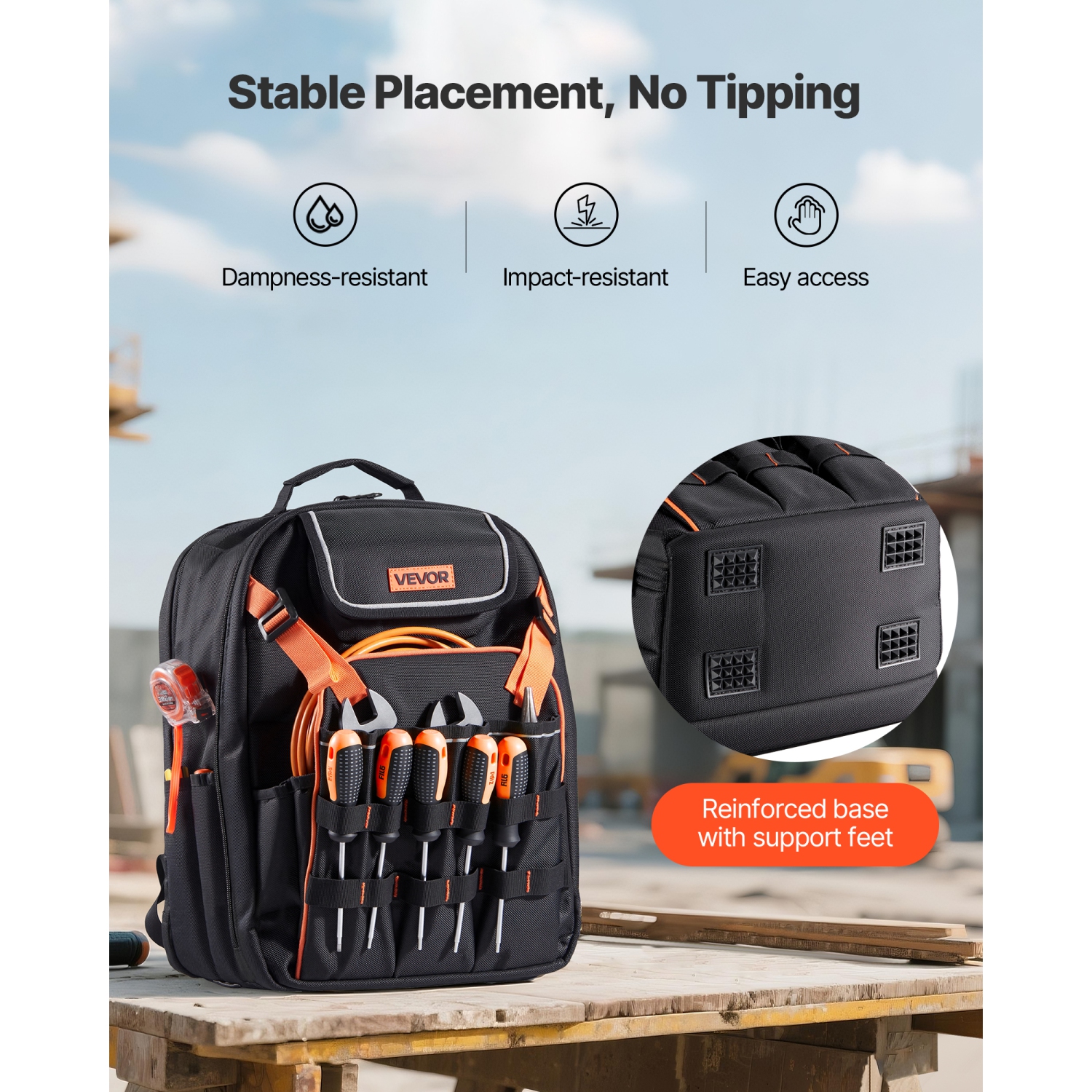 VEVOR 45 Pockets Tool Backpack, Heavy-duty Tools Storage Organizer Work Bags with Laptop Compartment & Reinforced Fabric Basee, Electrician Jobsite