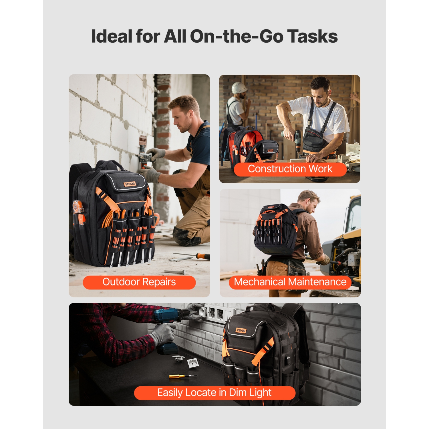 VEVOR 45 Pockets Tool Backpack, Heavy-duty Tools Storage Organizer Work Bags with Laptop Compartment & Reinforced Fabric Basee, Electrician Jobsite