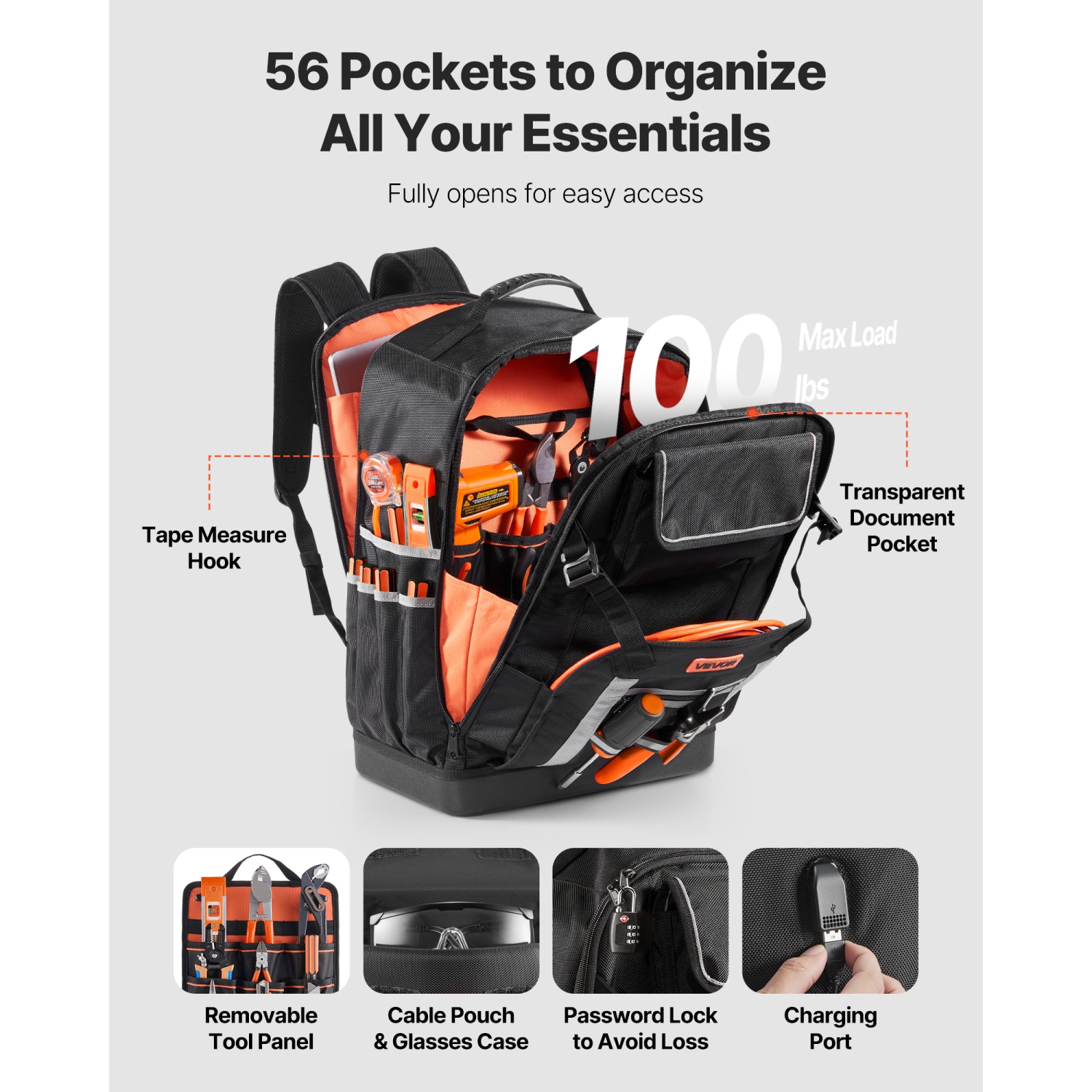 Sac à dos à outils VEVOR 56 pochettes, sacs de rangement pour outils robustes avec base moulée, sac à dos de chantier électricien pour chantier de