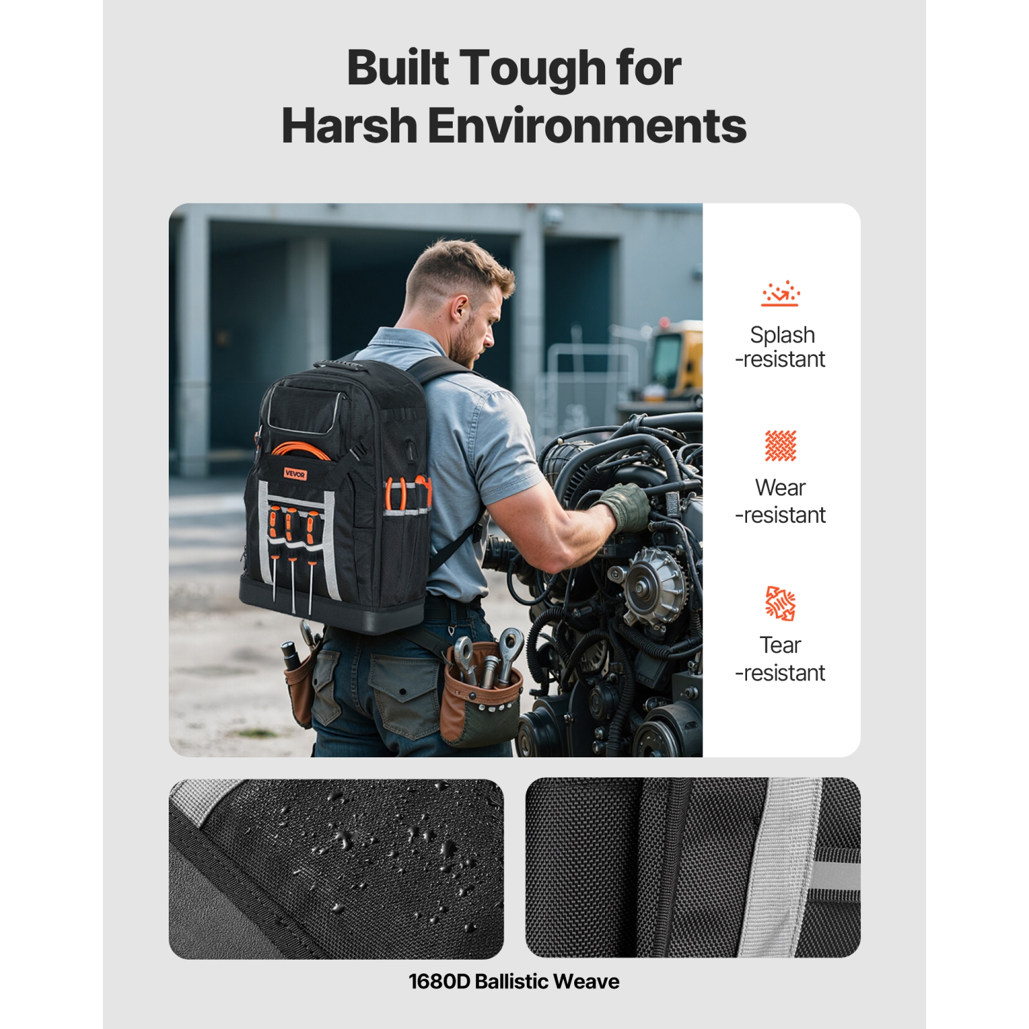 Sac à dos à outils VEVOR 56 pochettes, sacs de rangement pour outils robustes avec base moulée, sac à dos de chantier électricien pour chantier de