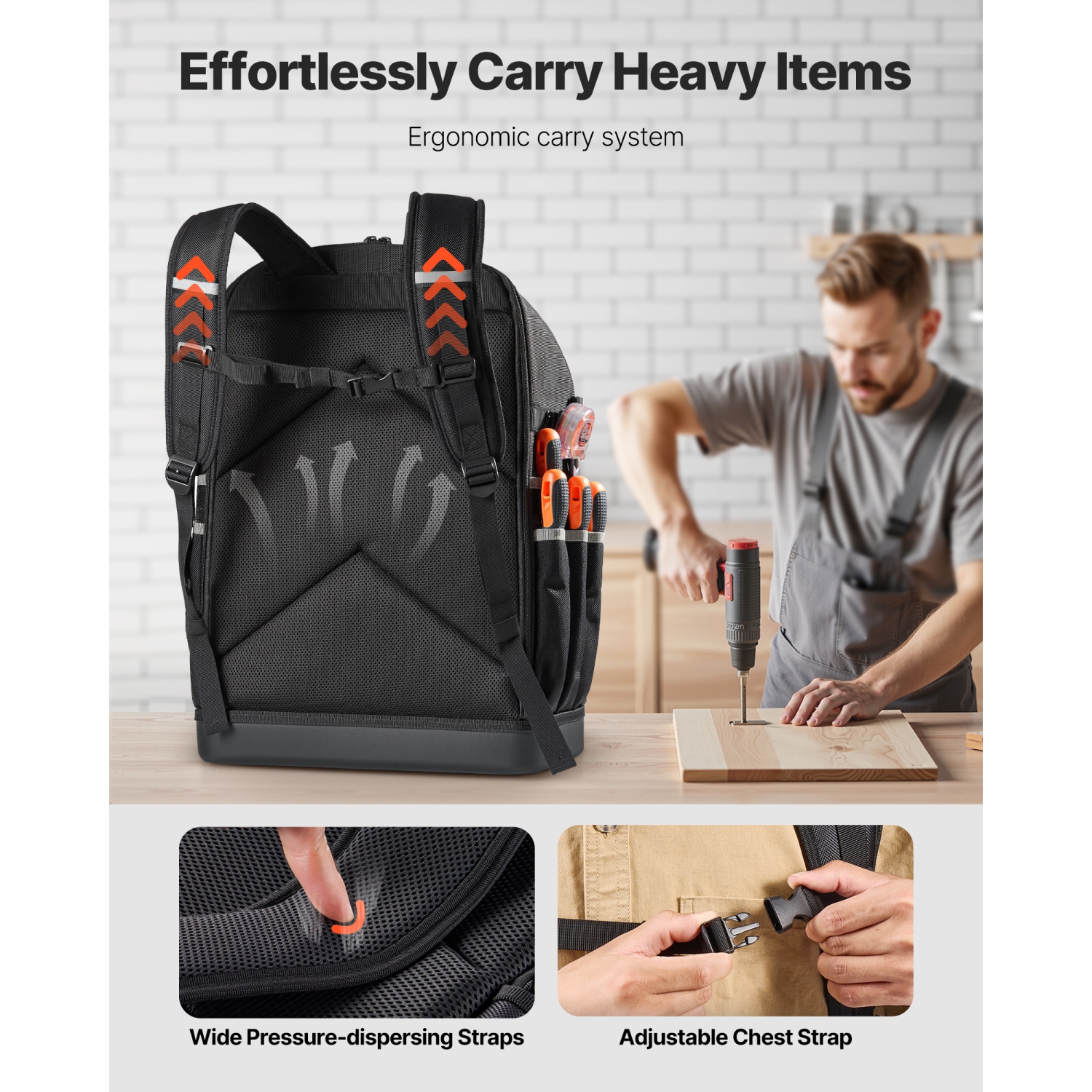 Sac à dos à outils VEVOR 56 pochettes, sacs de rangement pour outils robustes avec base moulée, sac à dos de chantier électricien pour chantier de