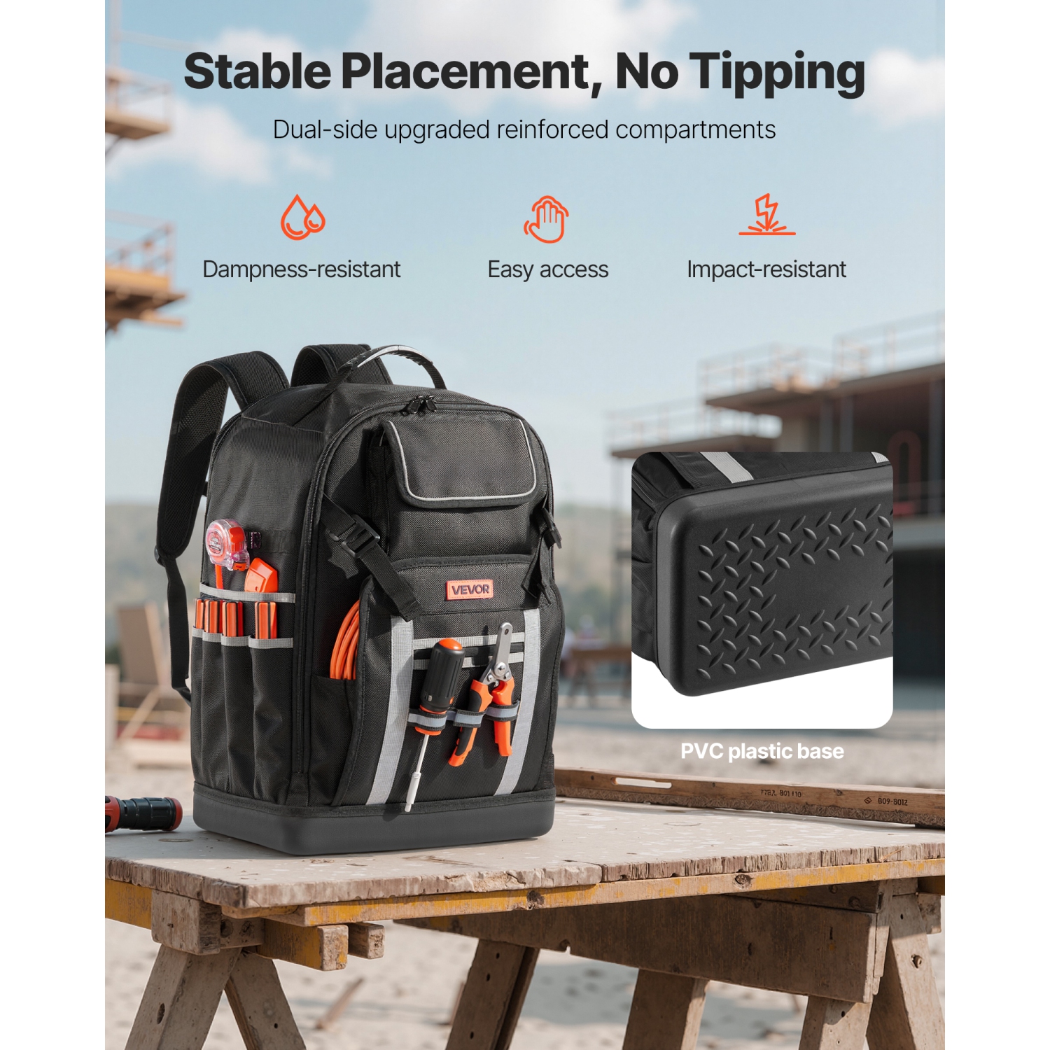 Sac à dos à outils VEVOR 56 pochettes, sacs de rangement pour outils robustes avec base moulée, sac à dos de chantier électricien pour chantier de