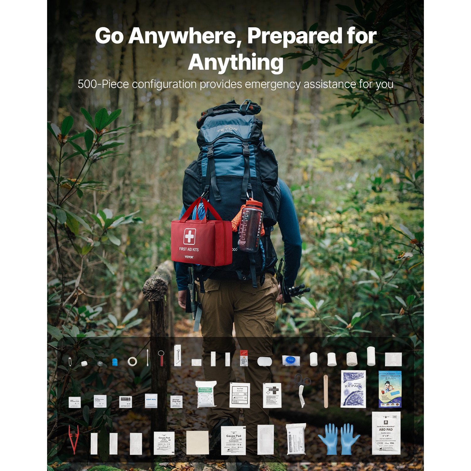 VEVOR 500 Pieces First Aid Kit, 600D Nylon Large Survival First Aid Bag, Emergency Medical Supplies, for Home, Car, Office, Travel, Camping, Truck,