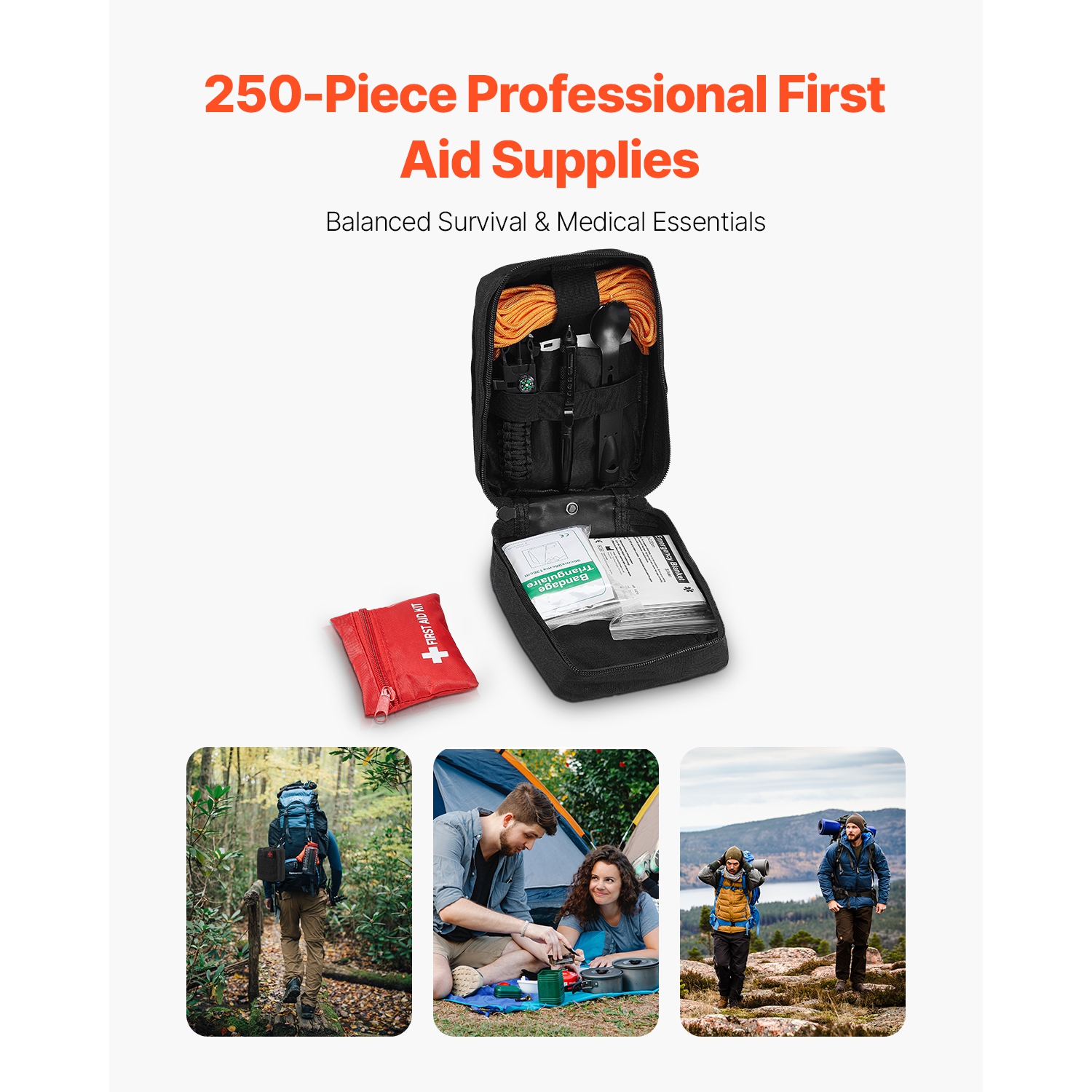 VEVOR 250 Pieces Survival First Aid Kit, 600D Nylon Trauma First Aid Bag, Survival Gear and Equipment, Emergency Kits, for Men Women Camping, Boat,