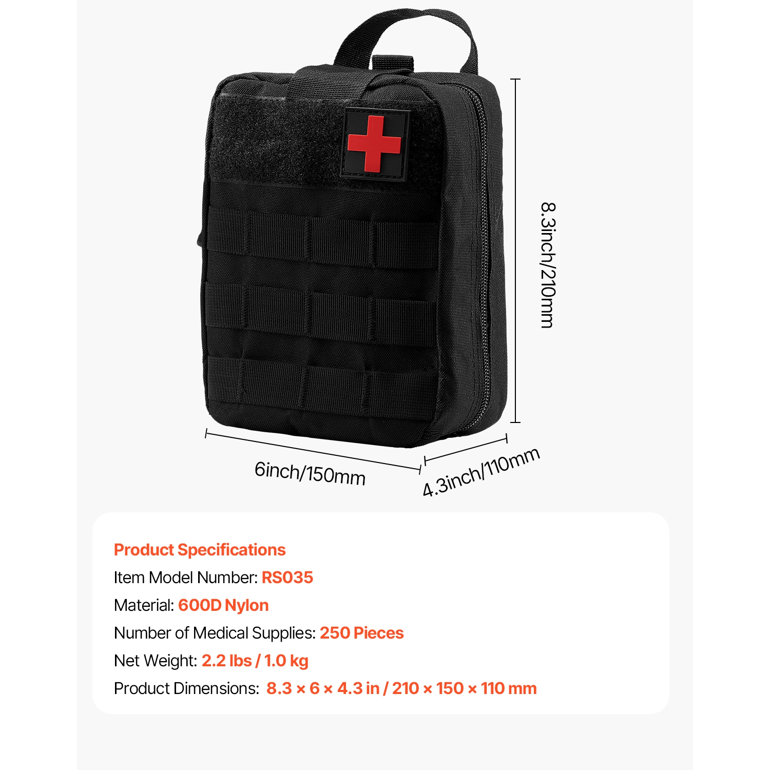 VEVOR 250 Pieces Survival First Aid Kit, 600D Nylon Trauma First Aid Bag, Survival Gear and Equipment, Emergency Kits, for Men Women Camping, Boat,
