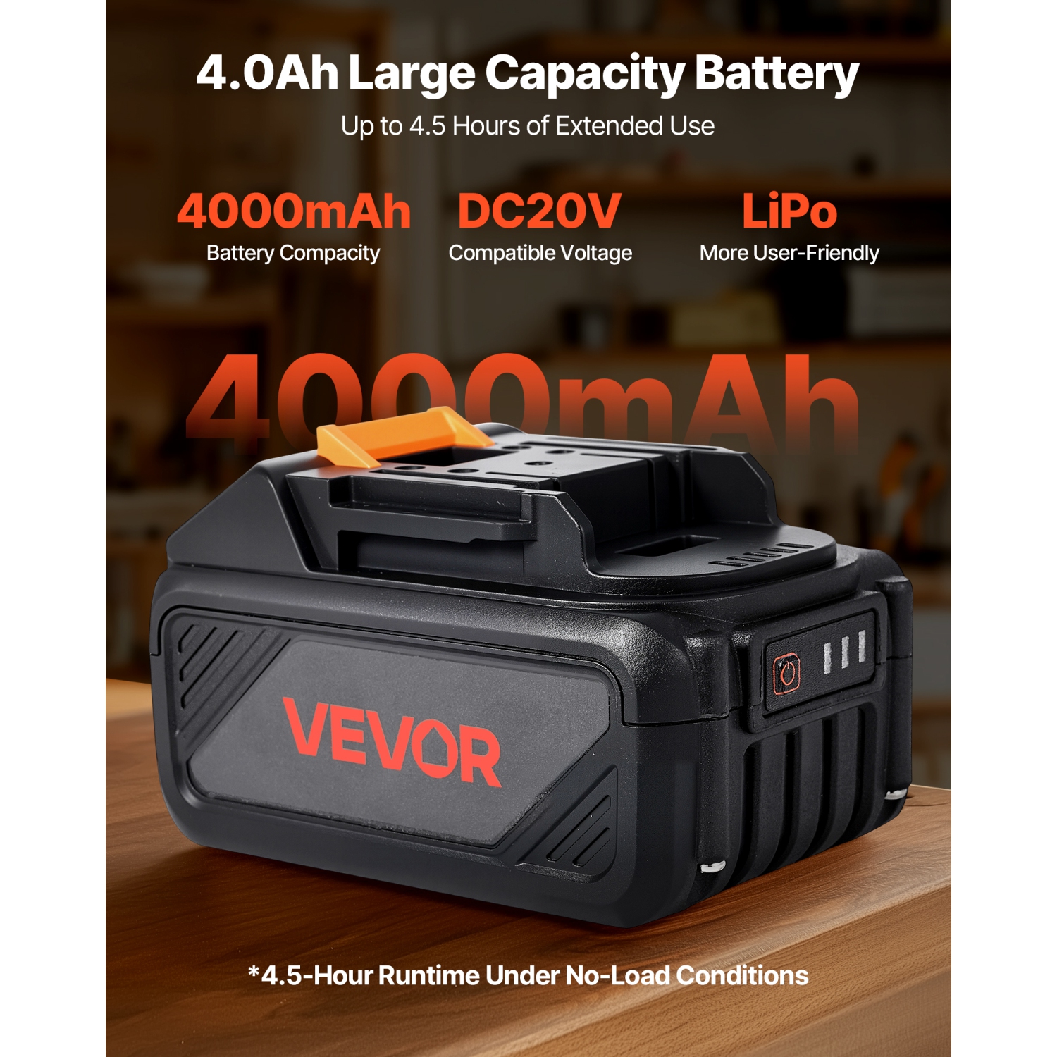 VEVOR 20V MAX, Portable Battery and Charger Combo, AC 110V, 4.0 Ah Lithium-Ion Battery Pack, 4000 mAh Large Capacity, Extended Runtime, Compatible