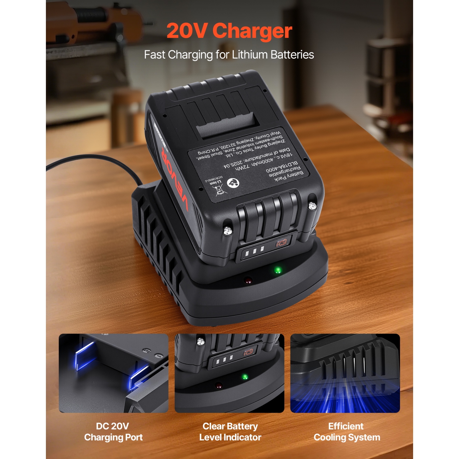 VEVOR 20V MAX, Portable Battery and Charger Combo, AC 110V, 4.0 Ah Lithium-Ion Battery Pack, 4000 mAh Large Capacity, Extended Runtime, Compatible