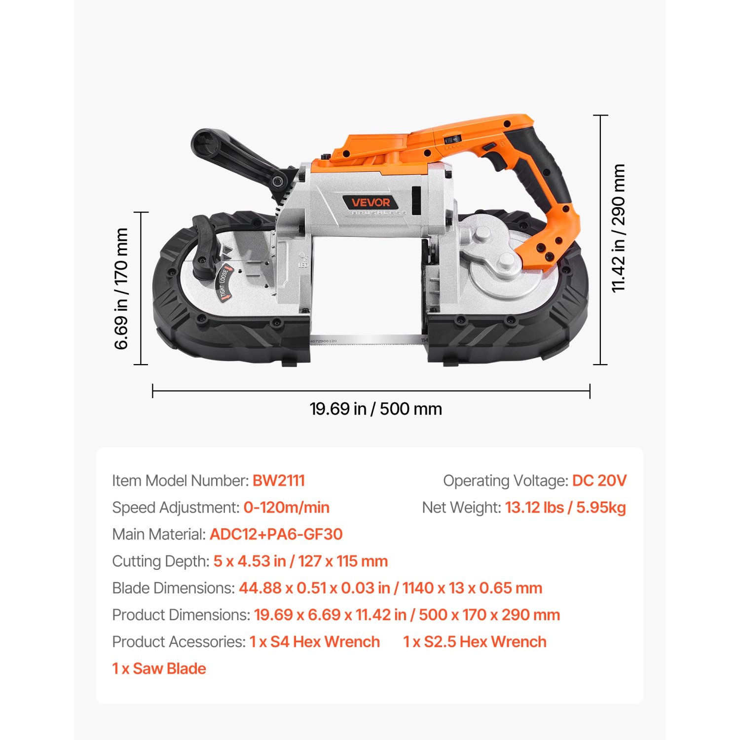 VEVOR 20V Portable Band Saw, 5 Inches Deep Cut, 360W Bandsaw with Brushless Motor, Cordless and Compact Portaband, Hang Hooks, 0-120 m/min Variable