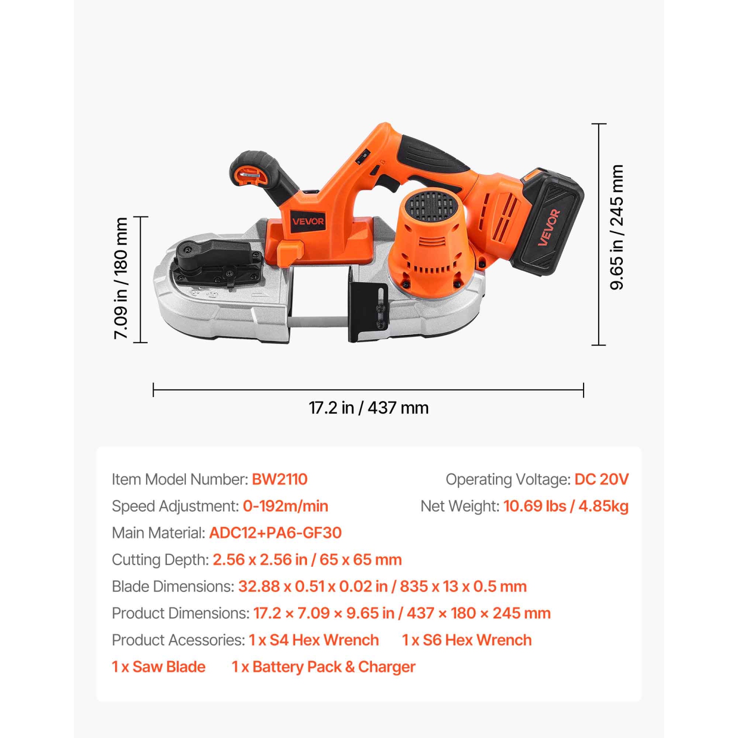 VEVOR 20V Portable Band Saw Kit, 2.56-Inch Deep Cut, AC 110V, 360W Bandsaw with Brushless Motor, 4.0 Ah Battery, Cordless and Compact Portaband,