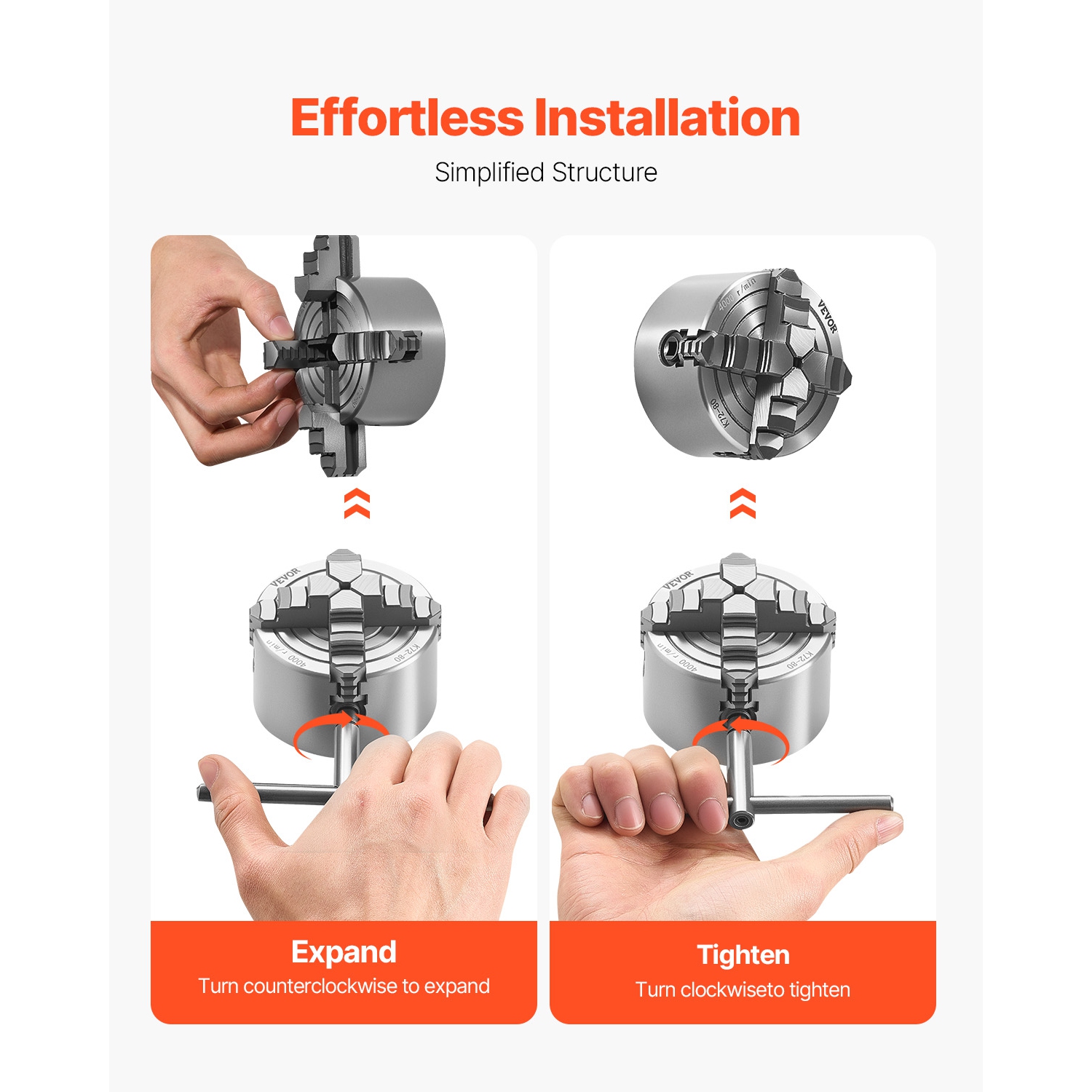 VEVOR 4-Jaw Lathe Chuck, 3 Inch, 4-Jaw Chuck, 0.1-3.15 in (5-80 mm) Clamping Range with T-key Fixing Screws Reversible Jaws,HT300 Material,Internal