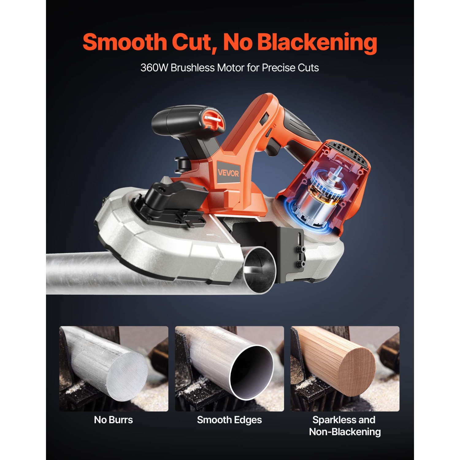 VEVOR 20V Portable Band Saw, 2.56-Inch Deep Cut, 360W Bandsaw with Brushless Motor, Cordless and Compact Portaband, Hang Hooks, 0-192 m/min Variable