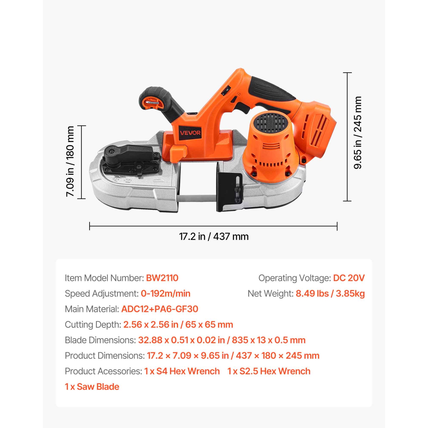 VEVOR 20V Portable Band Saw, 2.56-Inch Deep Cut, 360W Bandsaw with Brushless Motor, Cordless and Compact Portaband, Hang Hooks, 0-192 m/min Variable