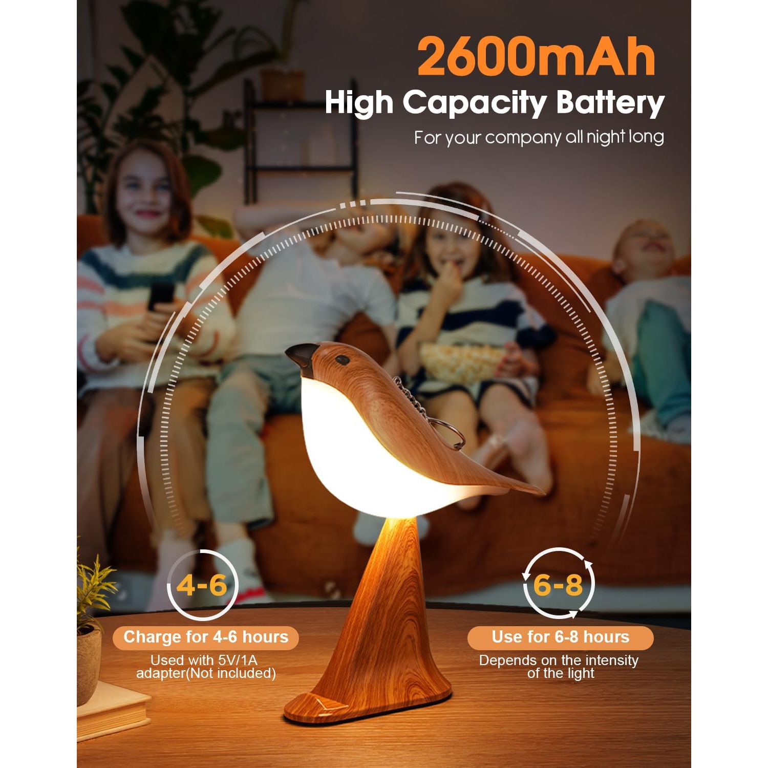 Rechargeable Bird Table Lamp , Touch Cordless Bedside Lamp with Control Remote and Phone Holder , 3 Color Dimmable Night Light With Timer Bird Sounds