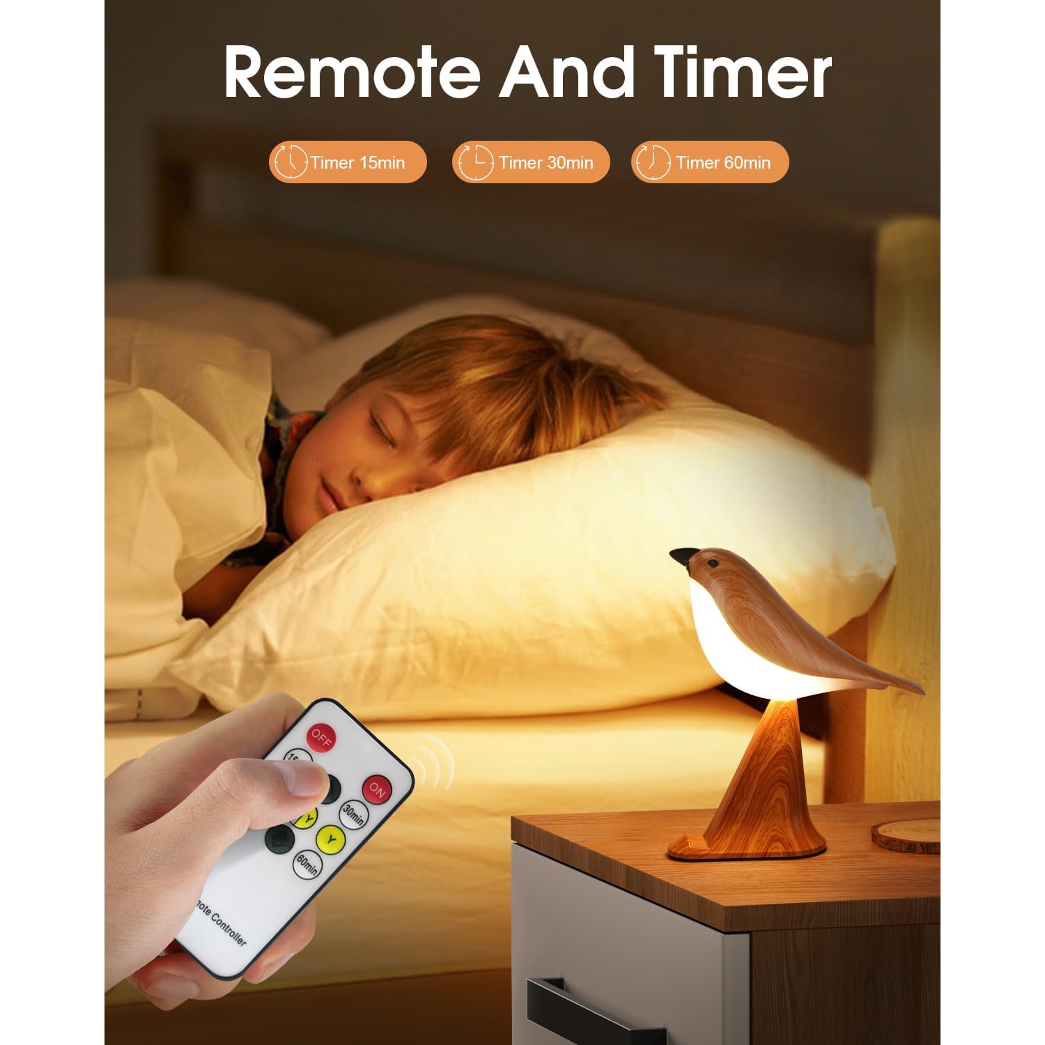 Rechargeable Bird Table Lamp , Touch Cordless Bedside Lamp with Control Remote and Phone Holder , 3 Color Dimmable Night Light With Timer Bird Sounds