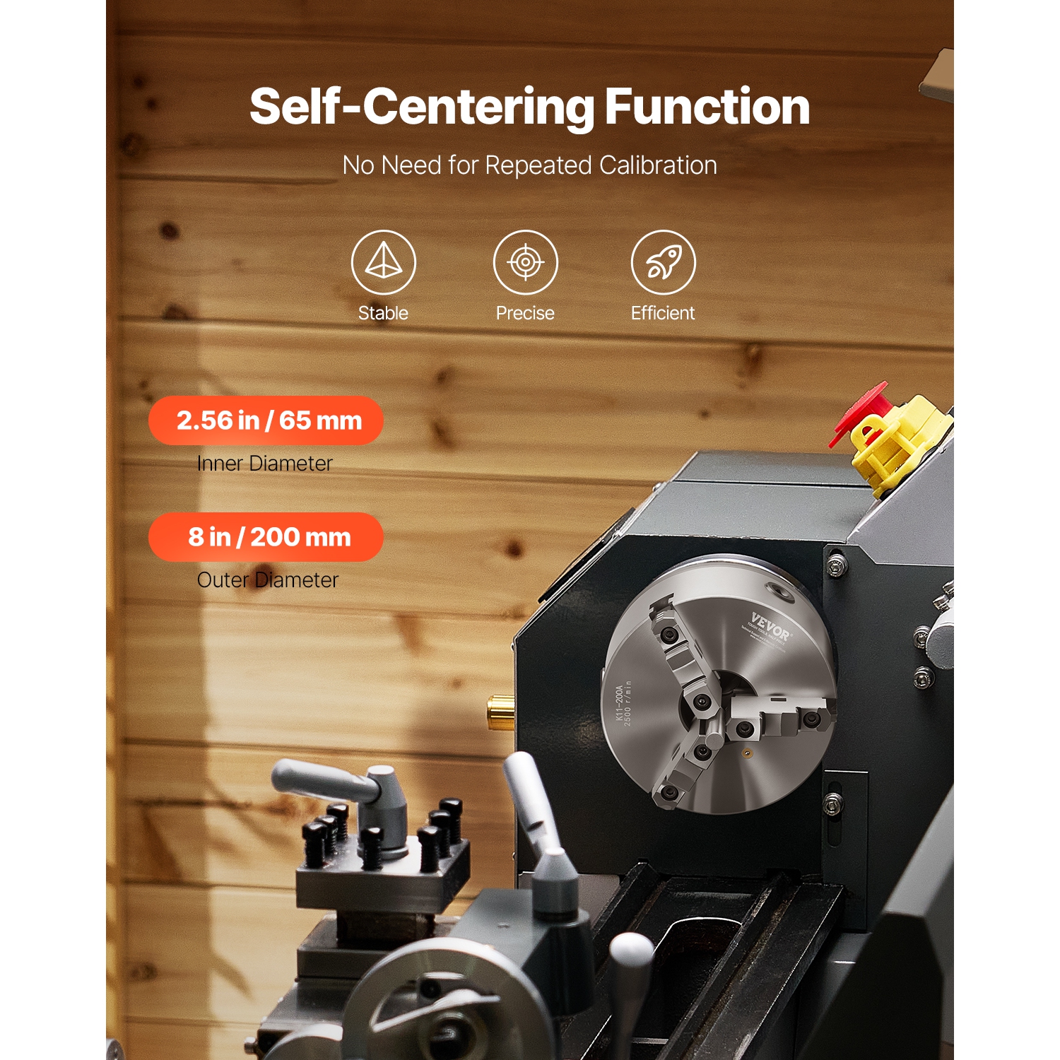 Mandrin à 3 mâchoires VEVOR, 8 po, mandrin à centrage automatique avec plaque d'emballage filetée 2 1/4 IN-8, plage de serrage de 0,16 à