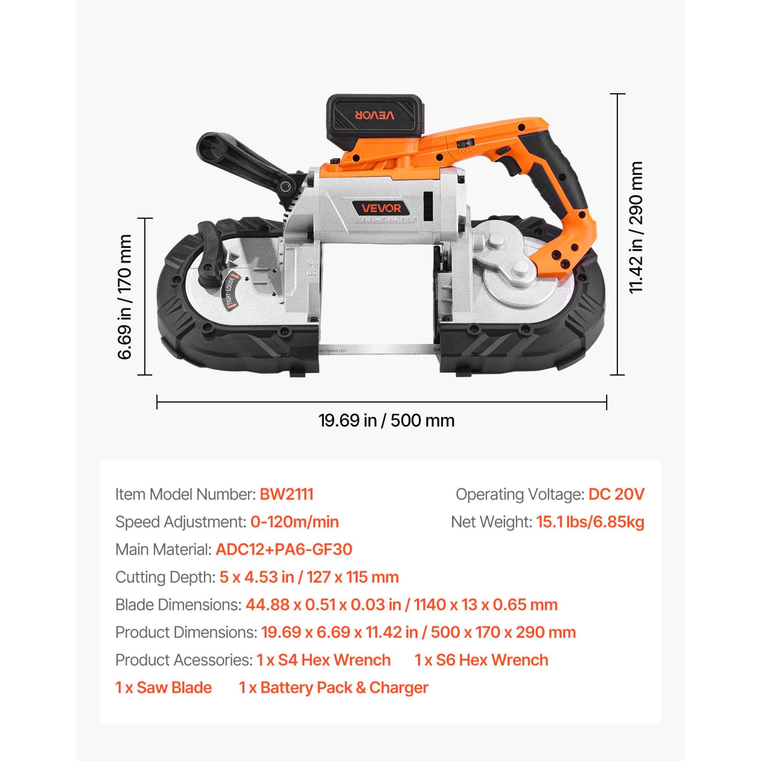 VEVOR 20V Portable Band Saw Kit, 5 Inches Deep Cut, AC 110V, 360W Bandsaw with Brushless Motor, 4.0 Ah Battery, Cordless and Compact Portaband, 0-120