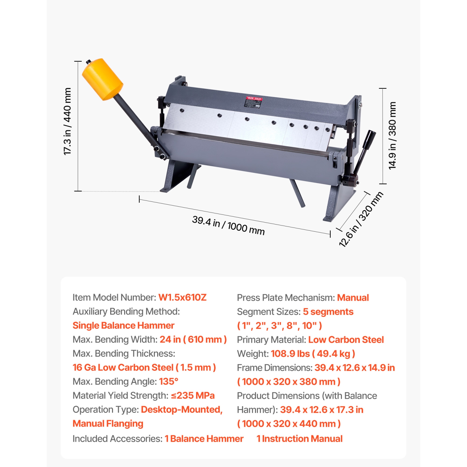 Frein à boîte et à carter VEVOR de 24&nbsp;po, frein de pliage en tôle, capacité en acier doux de calibre 16, réglable à 0-135 degrés, presse-balles