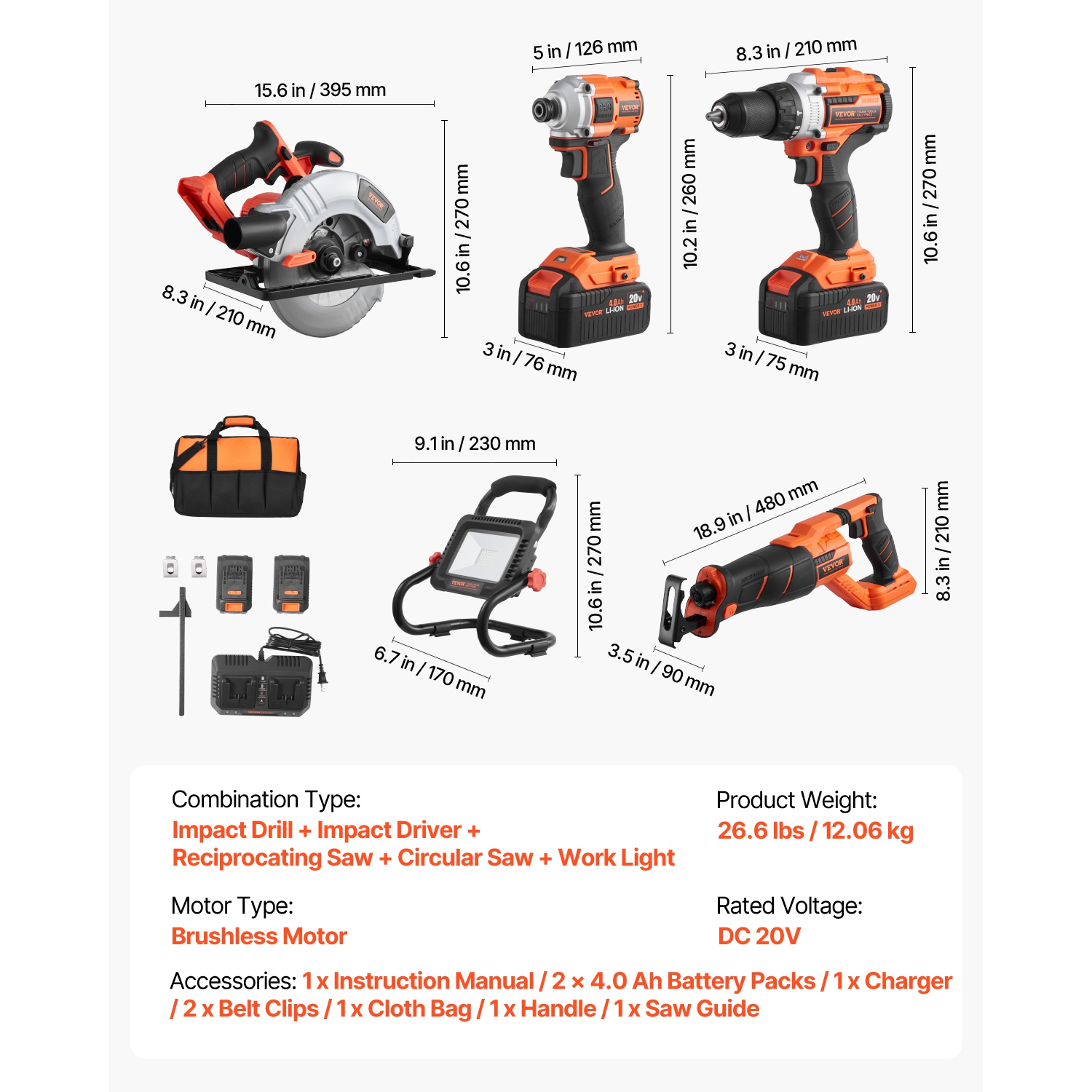 VEVOR 5-Tool Combo Kit, 20V Brushless, Cordless Power Tool Combo Kit, Cordless Drill and Impact Driver, with 4.0 Ah Batteries, Charger, Reciprocating