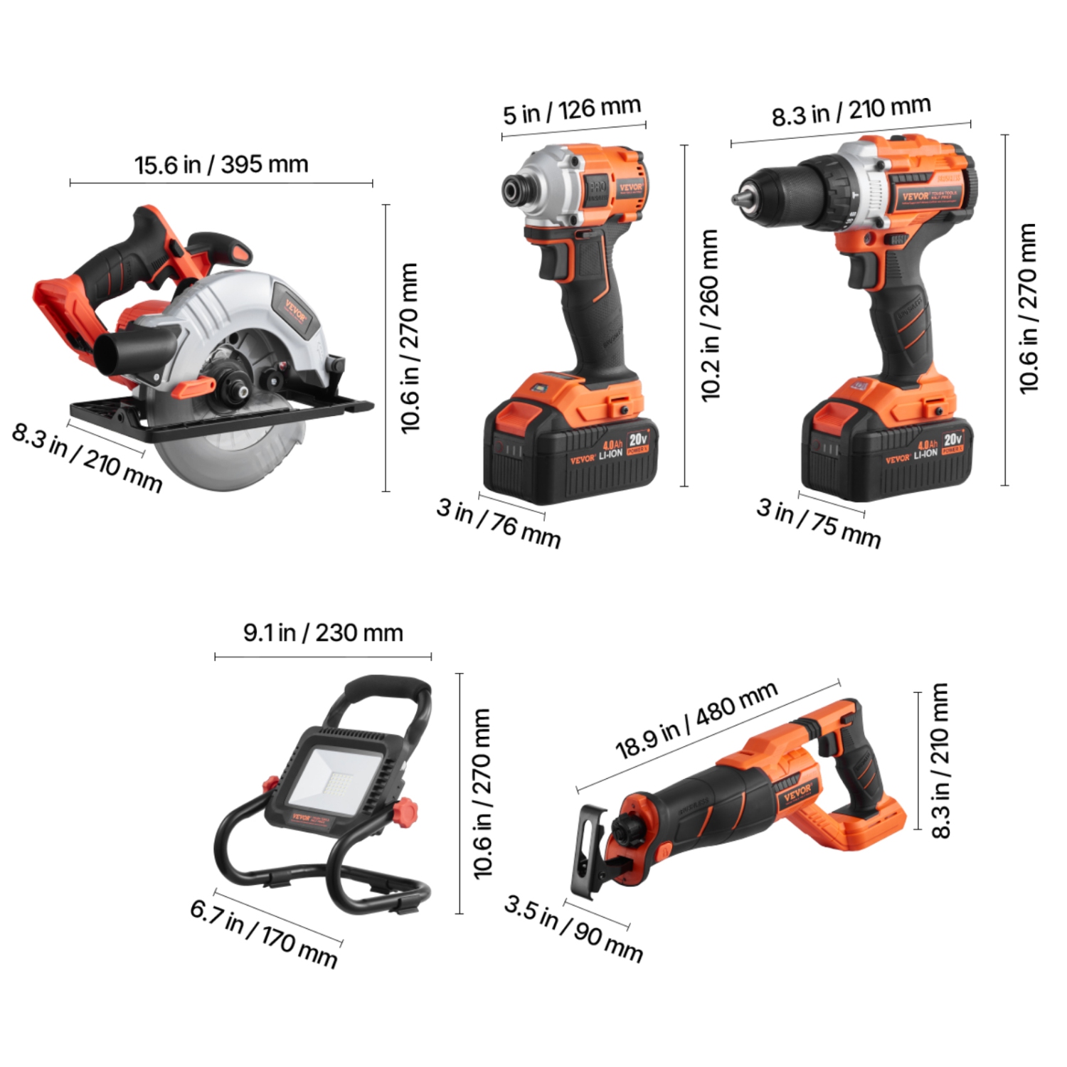 VEVOR 5-Tool Combo Kit, 20V Brushless, Cordless Power Tool Combo Kit, Cordless Drill and Impact Driver, with 4.0 Ah Batteries, Charger, Reciprocating
