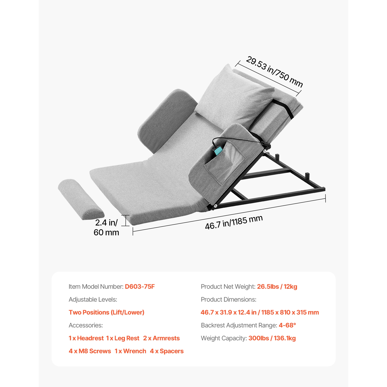 VEVOR 300 lbs Capacity Electric Lifting Backrest for Bed, 4-68° Adjustable Lifting Bed Backrest, with Guardrail Armrest & Storage Pouch, Machine