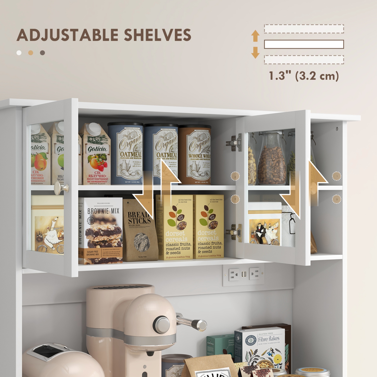 HOMCOM 68" Kitchen Pantry Cabinet with Charging Station, 2 Tilt Out 10 Gallon Trash Can Cabinets, Drawers, Freestanding Storage Cabinet with Glass