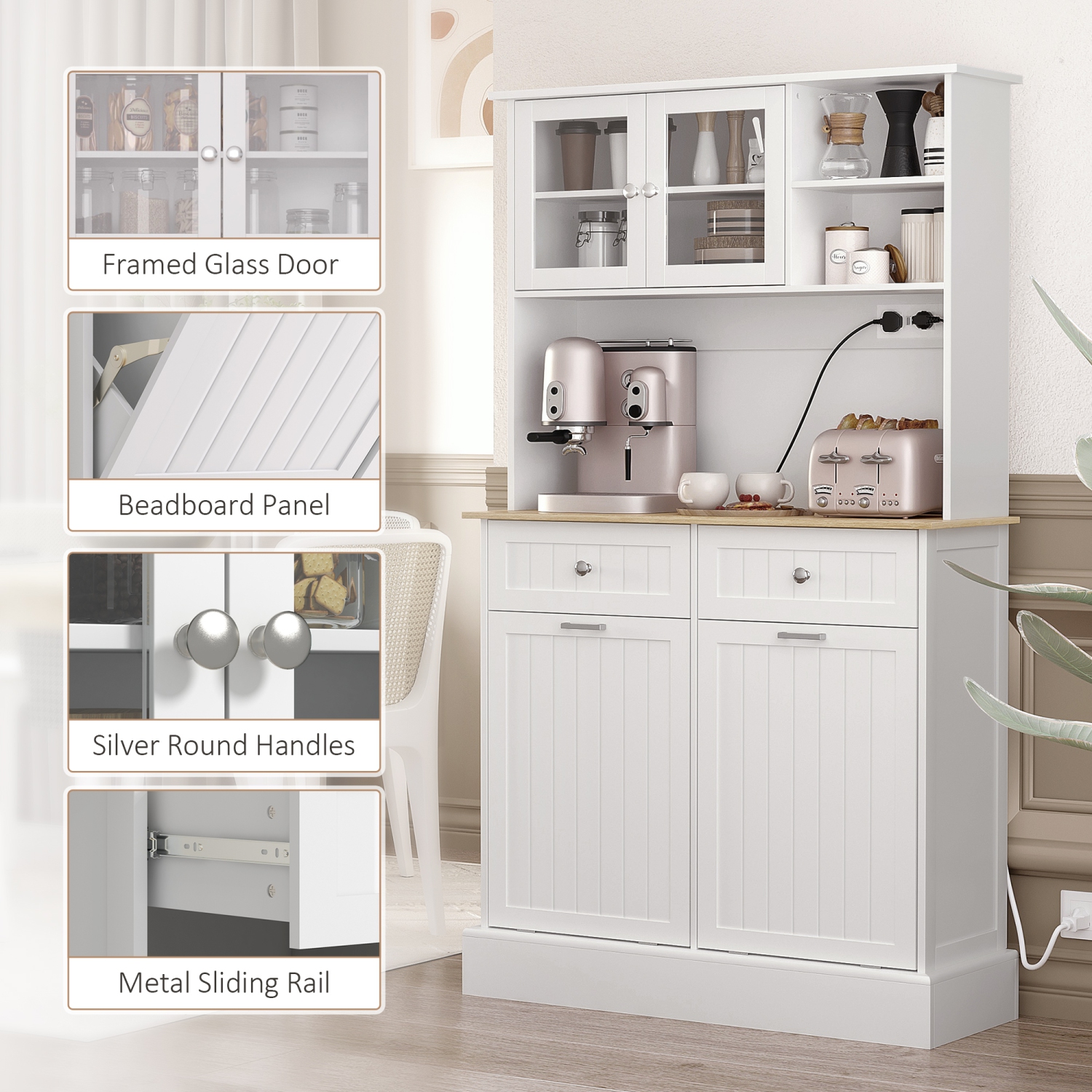 HOMCOM 68" Kitchen Pantry Cabinet with Charging Station, 2 Tilt Out 10 Gallon Trash Can Cabinets, Drawers, Freestanding Storage Cabinet with Glass