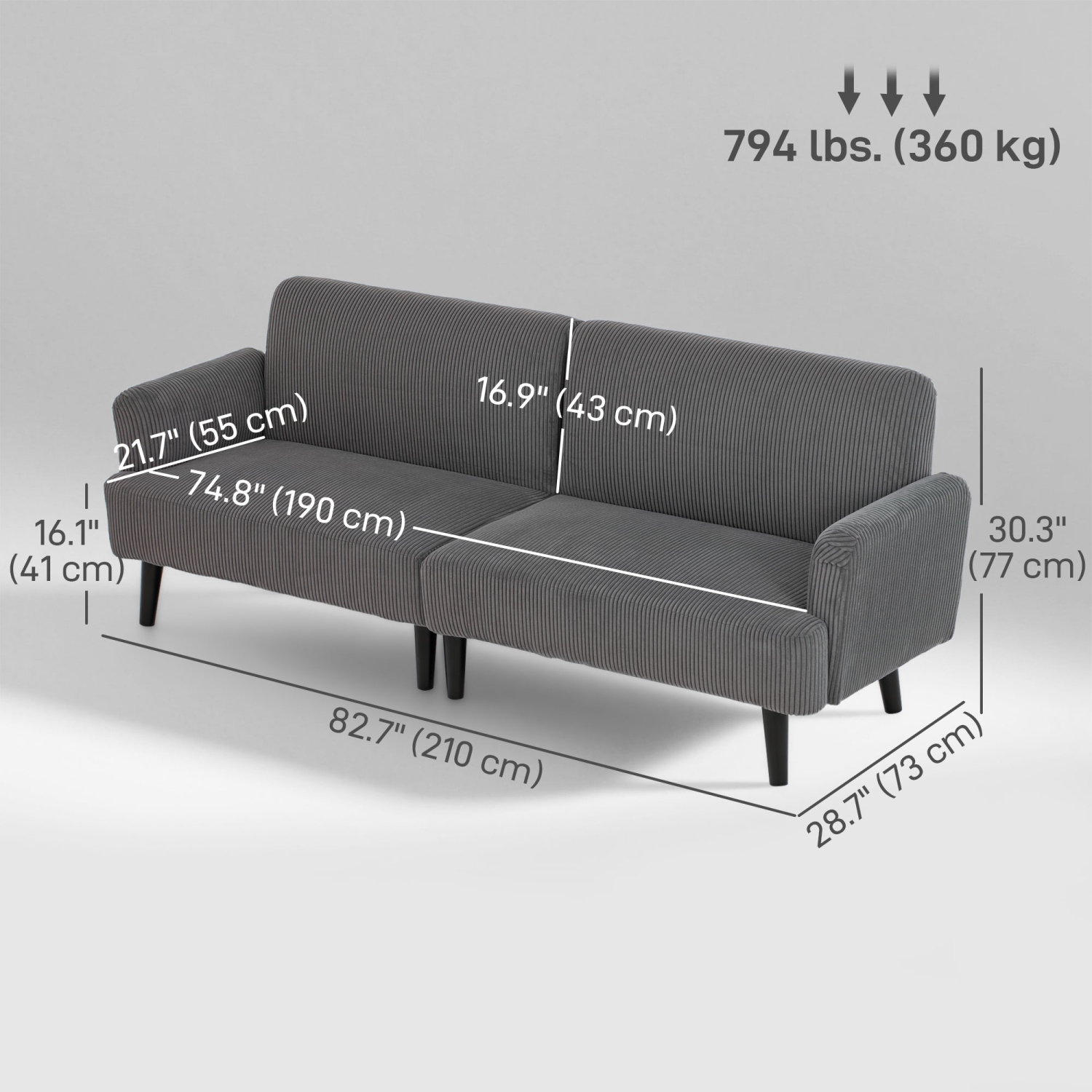 HOMCOM – Canapé 3 places, canapé moderne en velours côtelé rembourré de 83&nbsp;po avec pattes en hévéa, rembourrage épais pour le salon, la chambre
