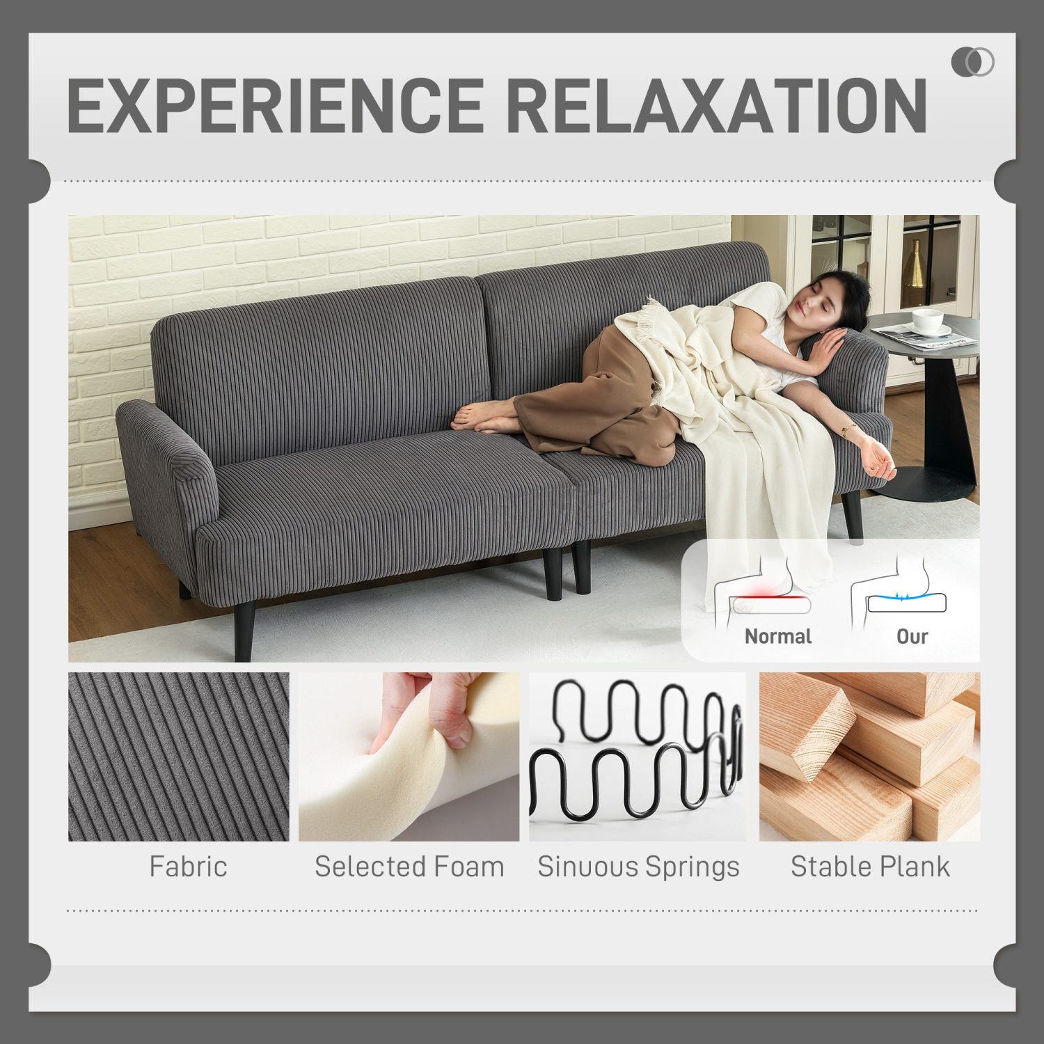 HOMCOM – Canapé 3 places, canapé moderne en velours côtelé rembourré de 83&nbsp;po avec pattes en hévéa, rembourrage épais pour le salon, la chambre