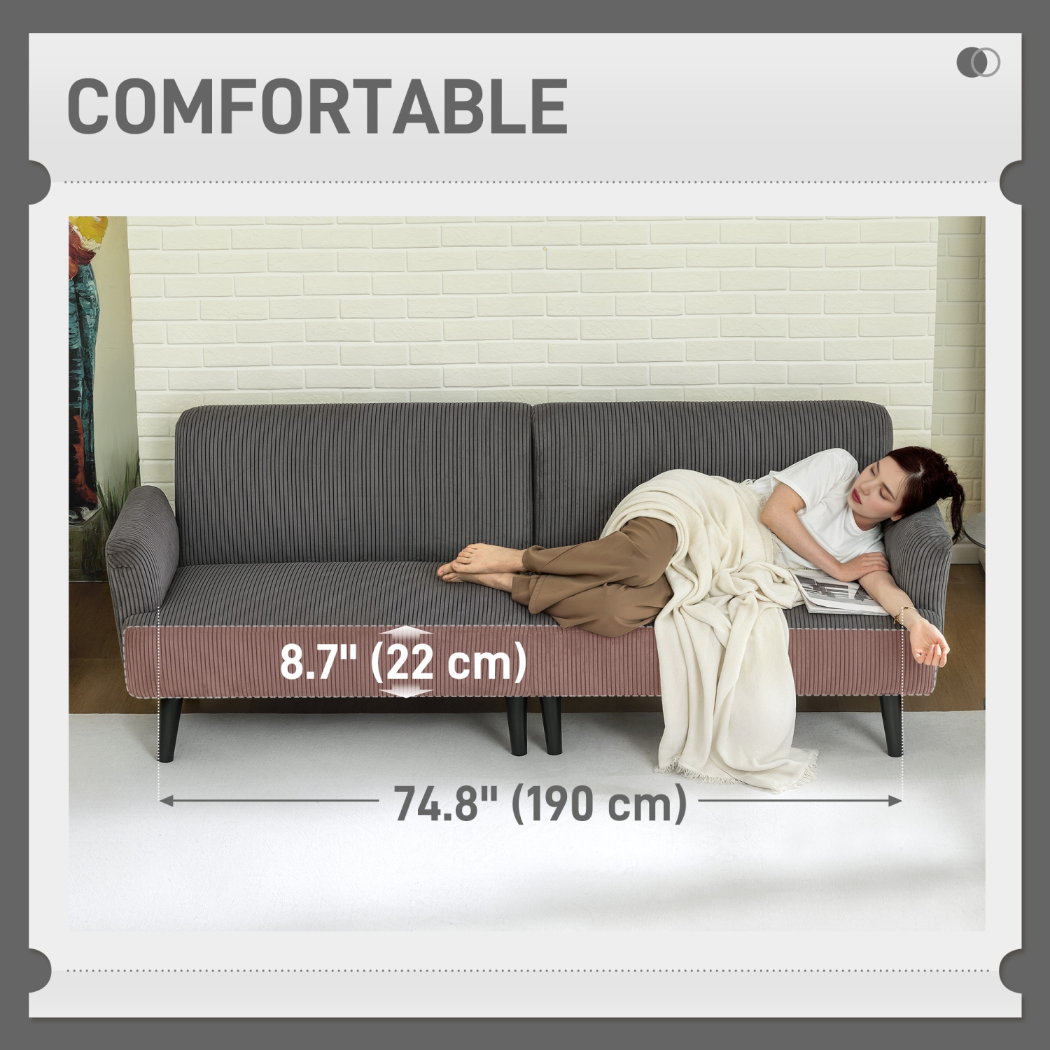 HOMCOM – Canapé 3 places, canapé moderne en velours côtelé rembourré de 83&nbsp;po avec pattes en hévéa, rembourrage épais pour le salon, la chambre