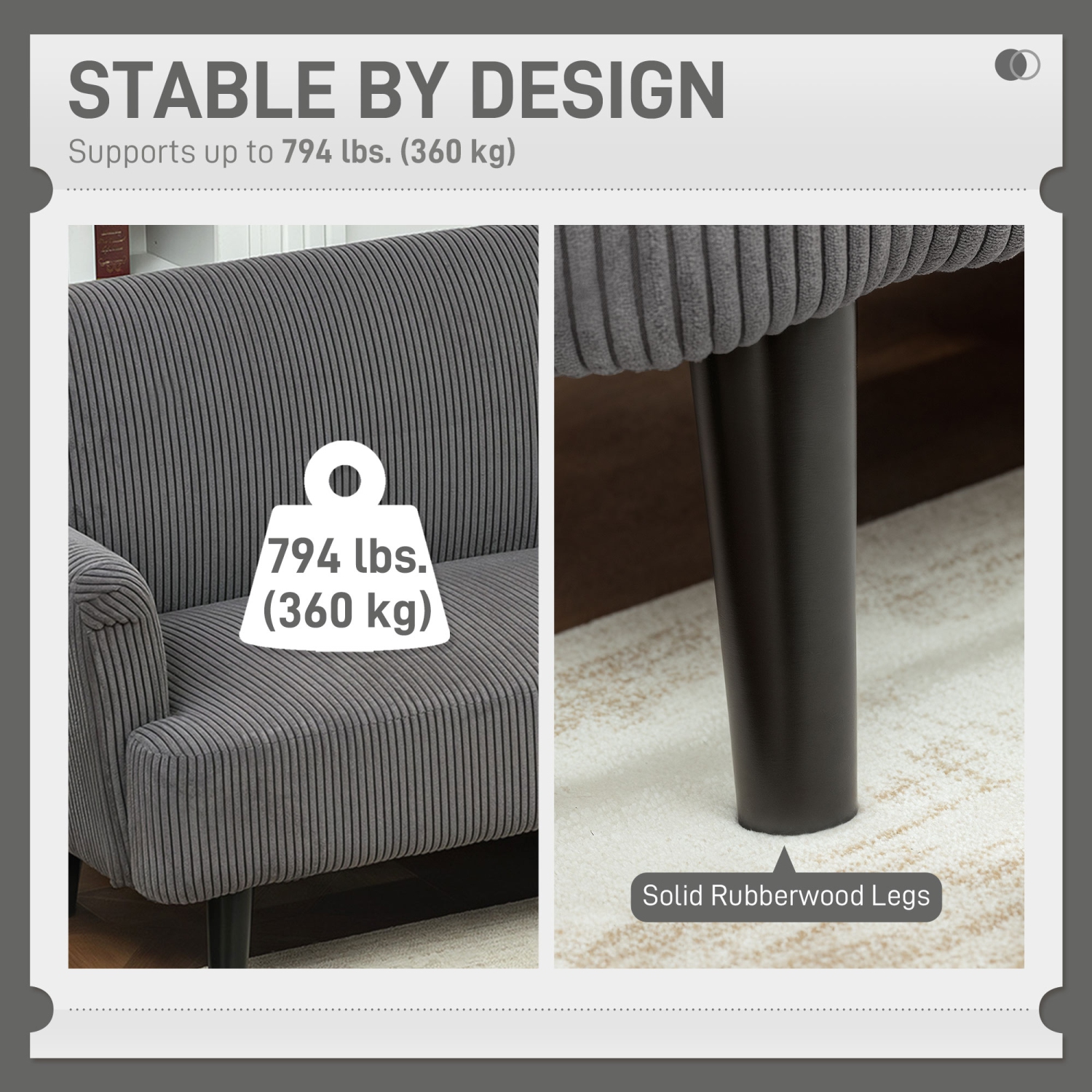 HOMCOM – Canapé 3 places, canapé moderne en velours côtelé rembourré de 83&nbsp;po avec pattes en hévéa, rembourrage épais pour le salon, la chambre