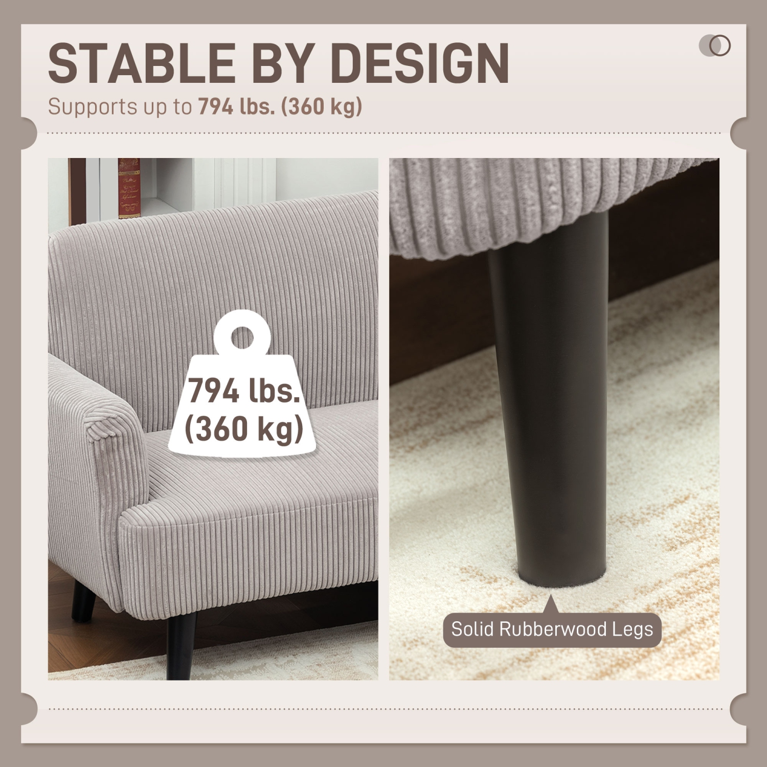 HOMCOM – Canapé 3 places, canapé moderne recouvert de velours côtelé 83&nbsp;po, rembourrage épais, pieds en hévéa pour salon, chambre à coucher,