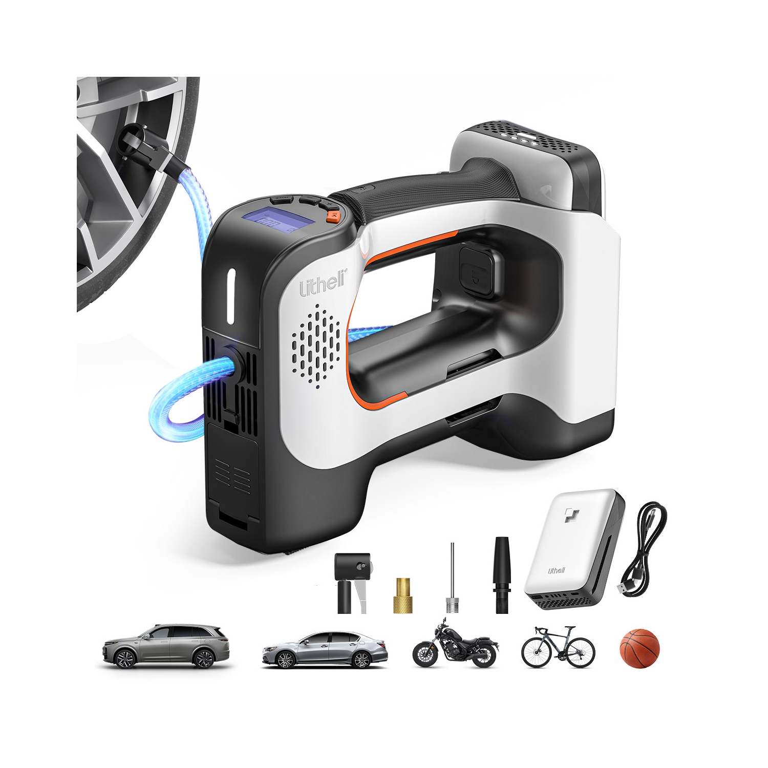 Litheli Portable Battery Powered Air Compressor, 150PSI Cordless Tire Inflator with 20V Rechargeable Battery, Digital Gauge for Car, Bike, Motorcycle