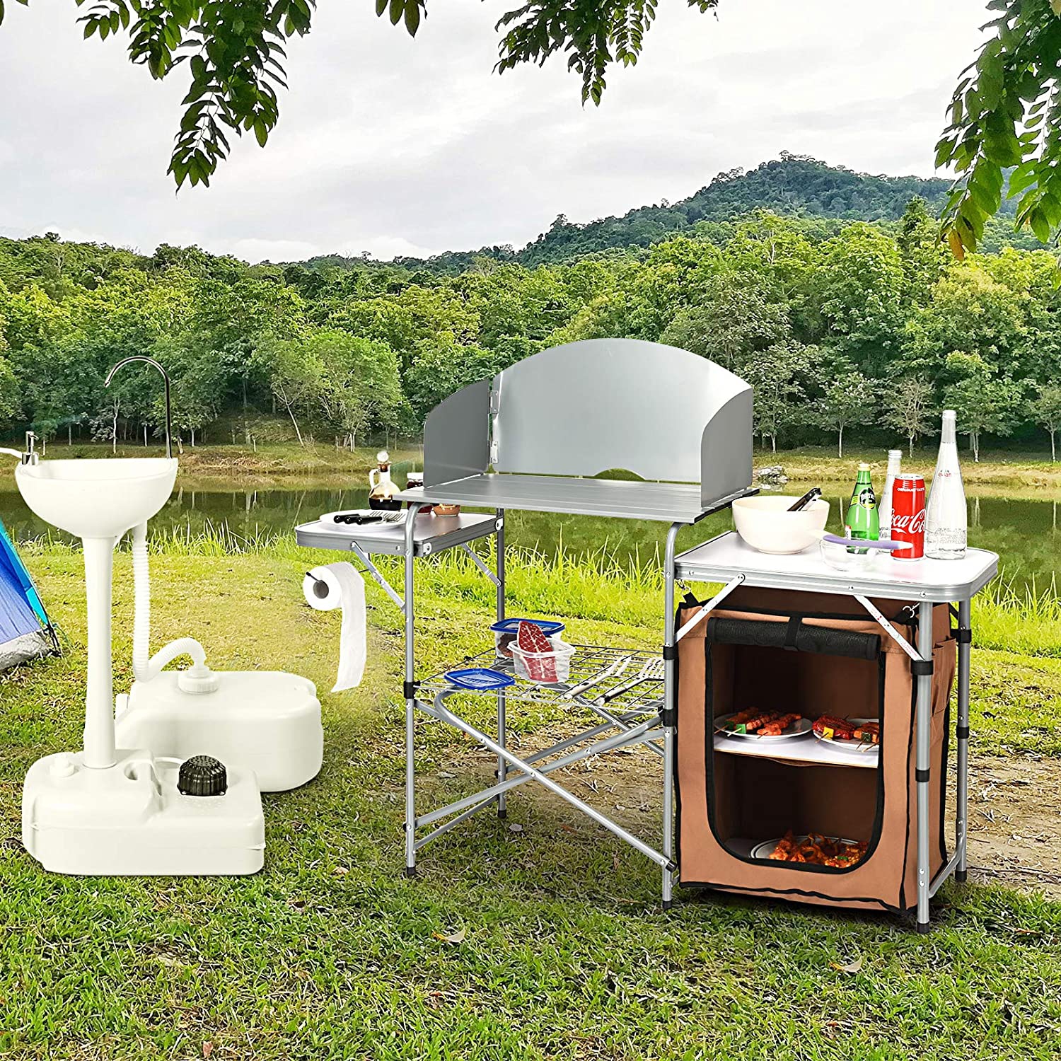 Gymax Outdoor Kitchen Foldable Grilling Stand Portable Camping Grill Table BBQ Table