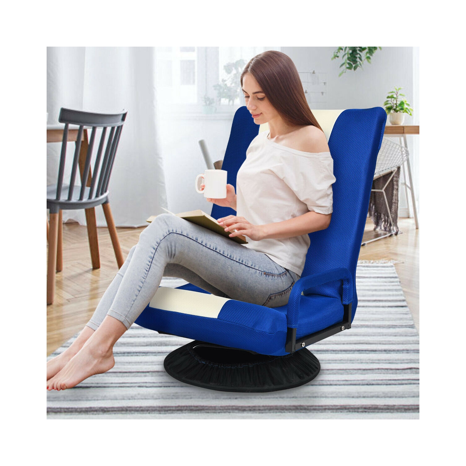 Gymax Gaming Floor Chair Folding Lazy Sofa 6-Position Adjustable Swivel w/Armrest
