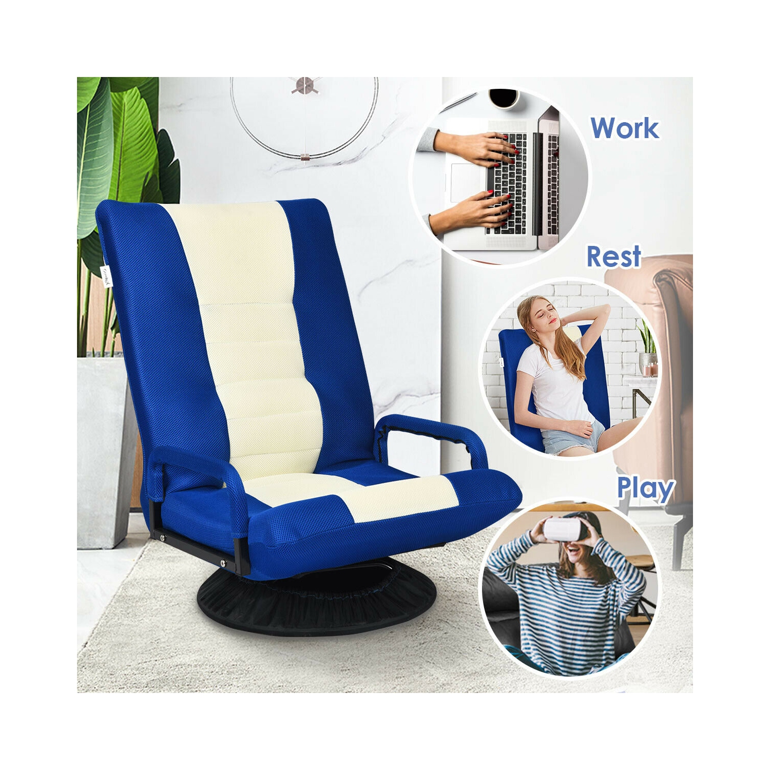 Gymax Gaming Floor Chair Folding Lazy Sofa 6-Position Adjustable Swivel w/Armrest