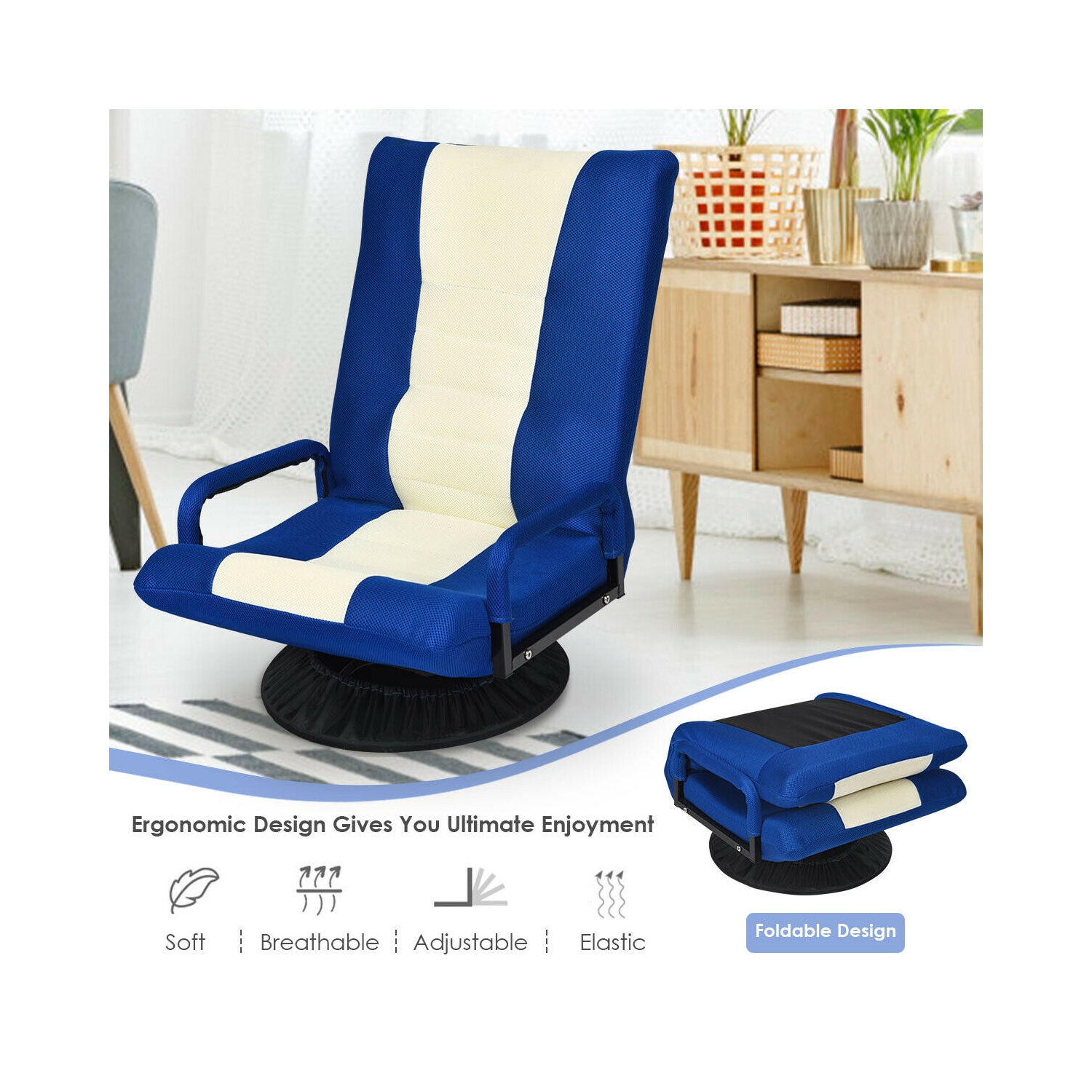 Gymax Gaming Floor Chair Folding Lazy Sofa 6-Position Adjustable Swivel w/Armrest