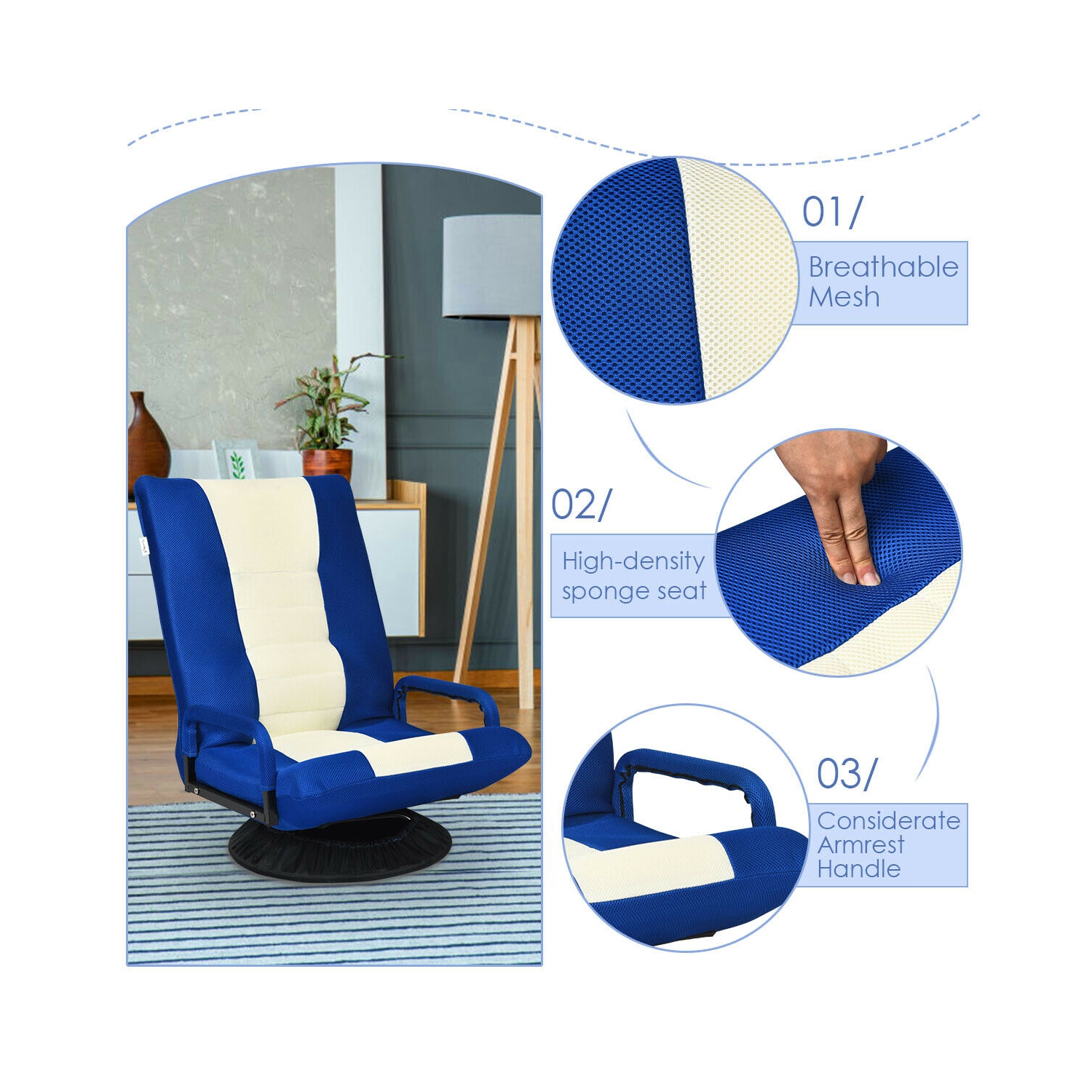 Gymax Gaming Floor Chair Folding Lazy Sofa 6-Position Adjustable Swivel w/Armrest