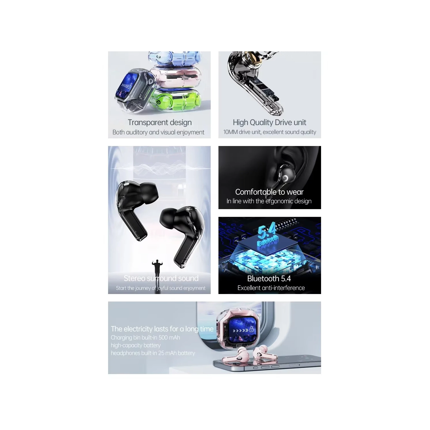 Écouteurs Bluetooth, longue autonomie, écran tactile couleur, écouteurs bouton sport à suppression du bruit, écouteurs intelligents TWS - Blanc