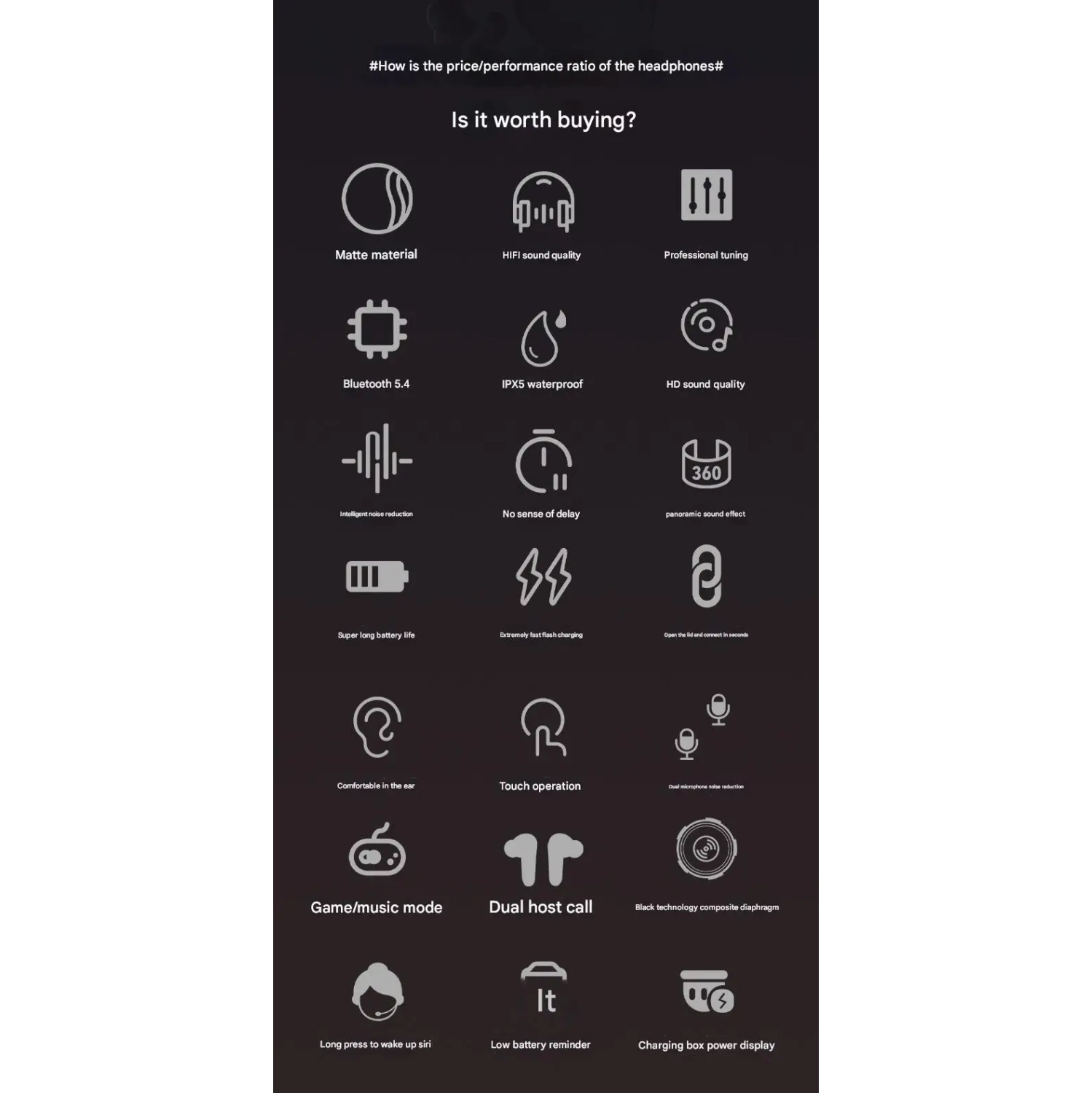 Oreillettes Bluetooth Deux oreillettes 100 % sans fil Bluetooth TWS avec suppression du bruit intelligente et son panoramique à 360° - Noir